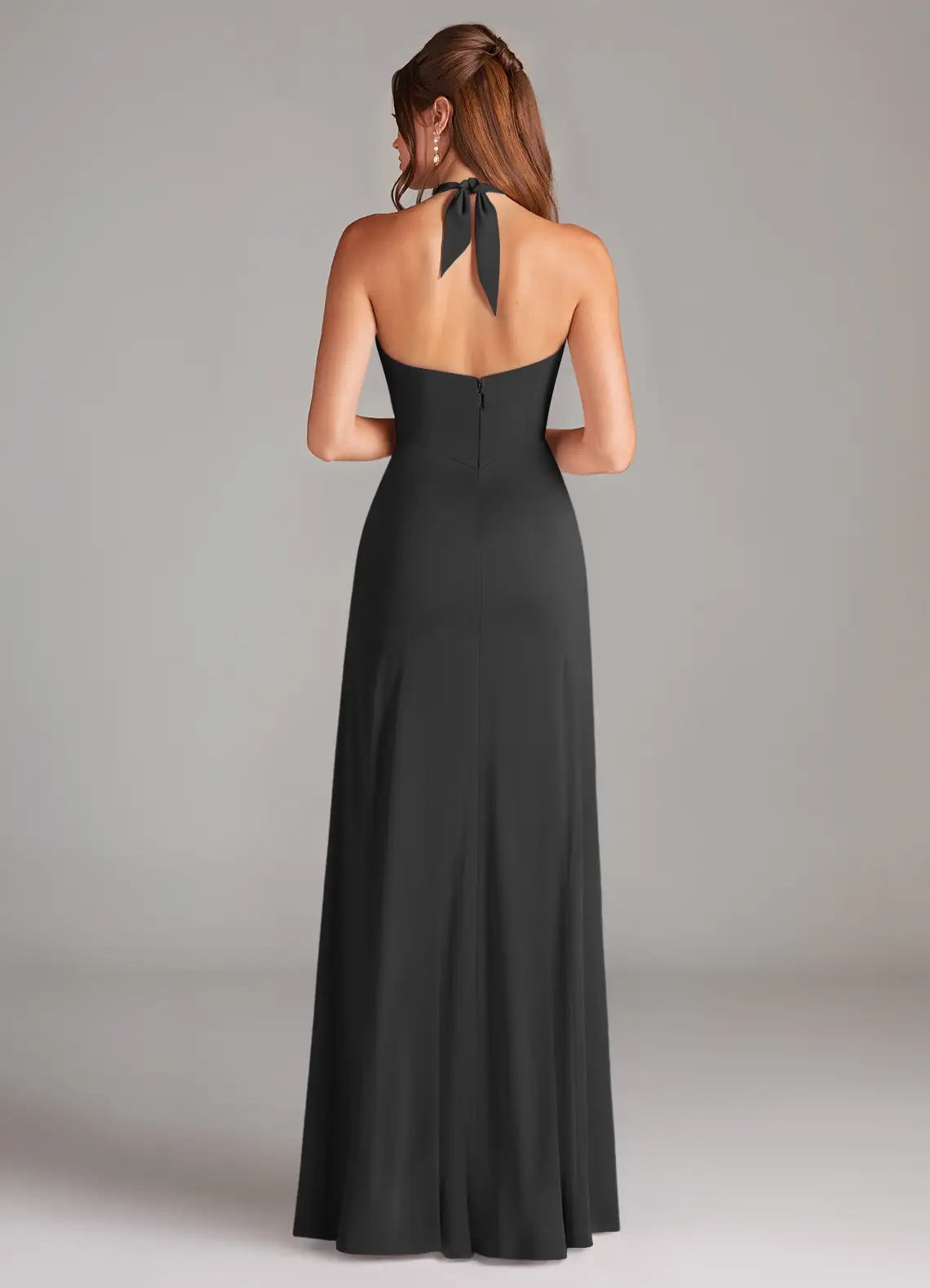 Black Halter Neck Maxi Dress with Side Slit and Open Back A-Line Side Slit Stretch Satin Dress Bridesmaid Dresses