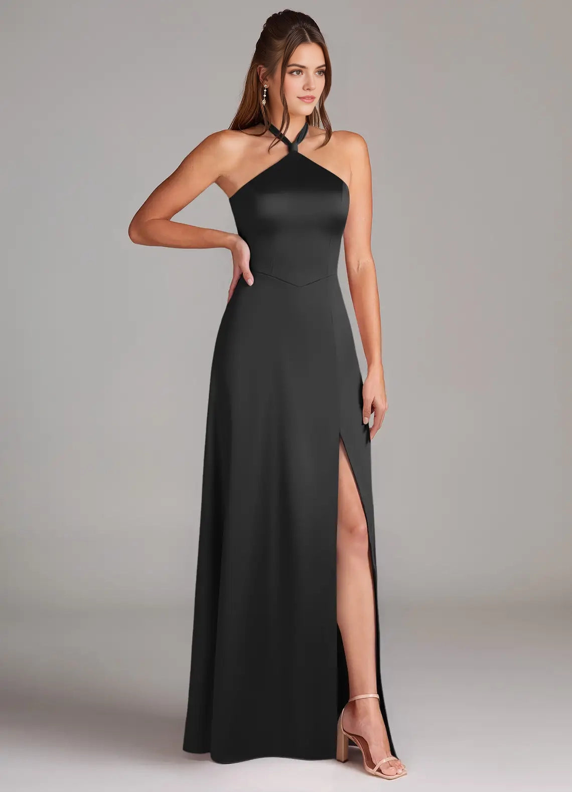 Black Halter Neck Maxi Dress with Side Slit and Open Back A-Line Side Slit Stretch Satin Dress Bridesmaid Dresses
