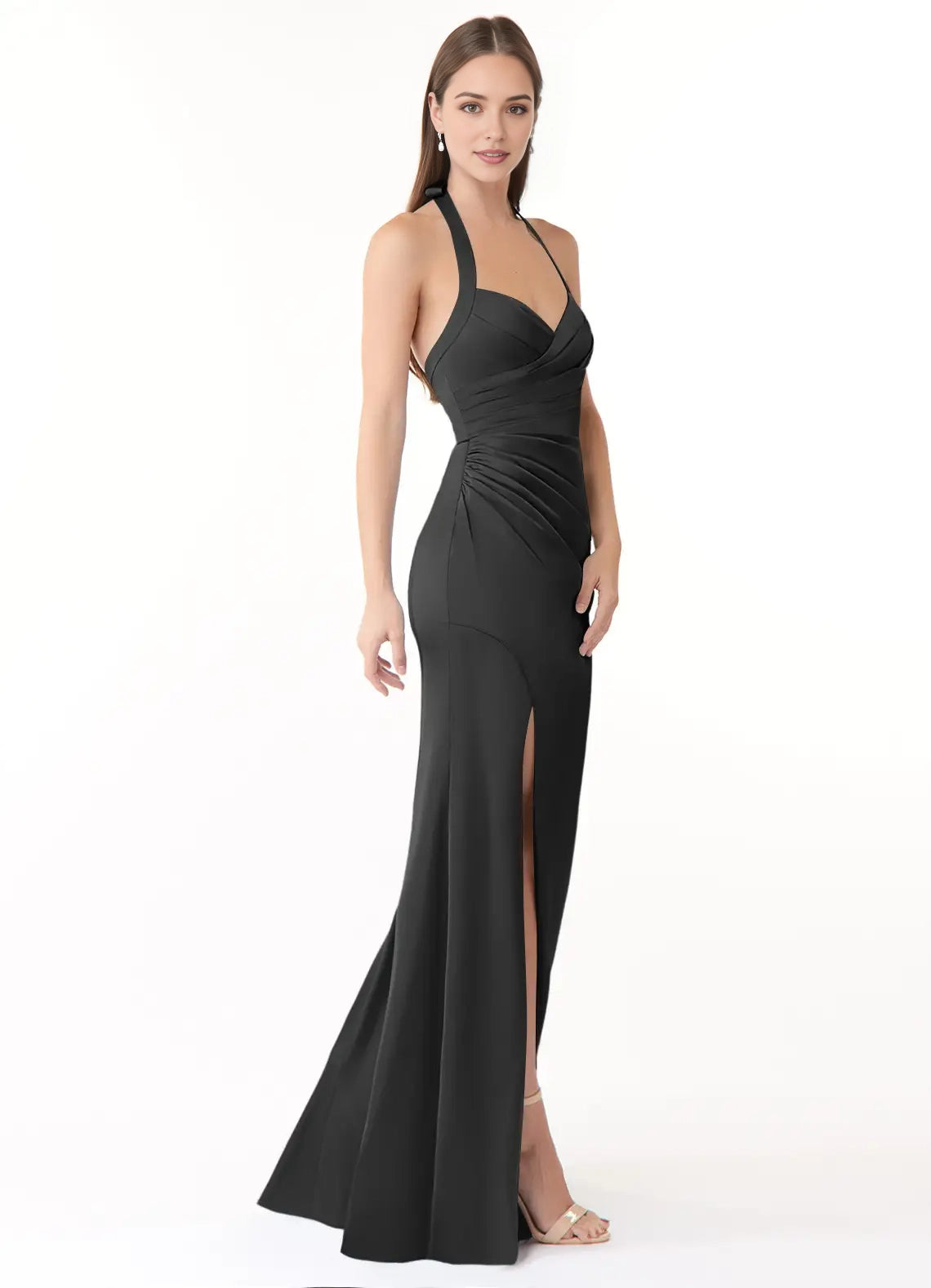 Black Halter Neck Mermaid Maxi with Side Slit and Open Back Pleated Stretch Satin Bridesmaid Dresses