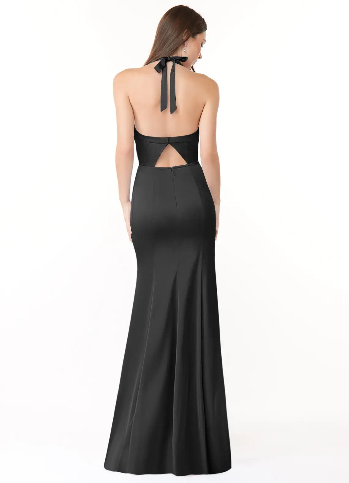 Black Halter Neck Mermaid Maxi with Side Slit and Open Back Pleated Stretch Satin Bridesmaid Dresses
