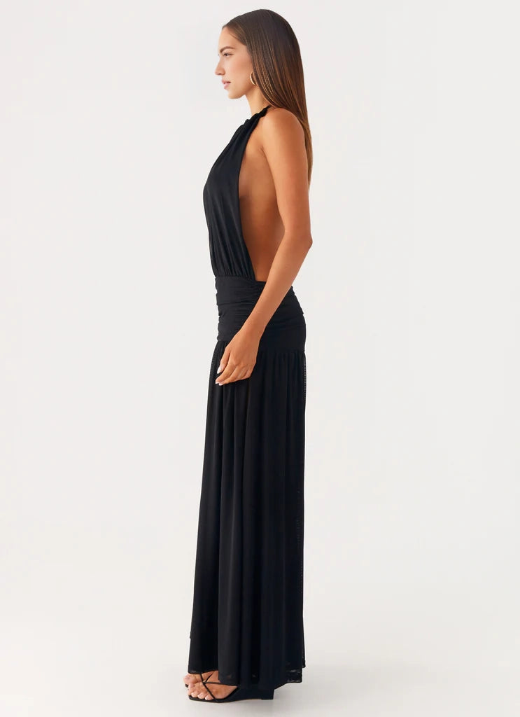 Black Halter Neck Open Back Maxi Dress with Side Slit Side ruching with drawstring Bridesmaid Dresses