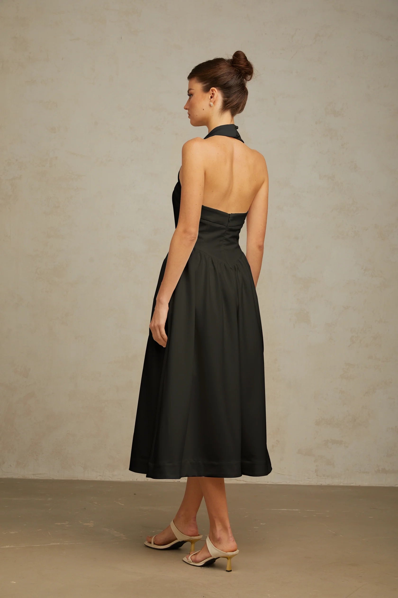 Black Halter Neck Open - Back Midi Dress halterneck pleated midi dress in Black Evening Dress