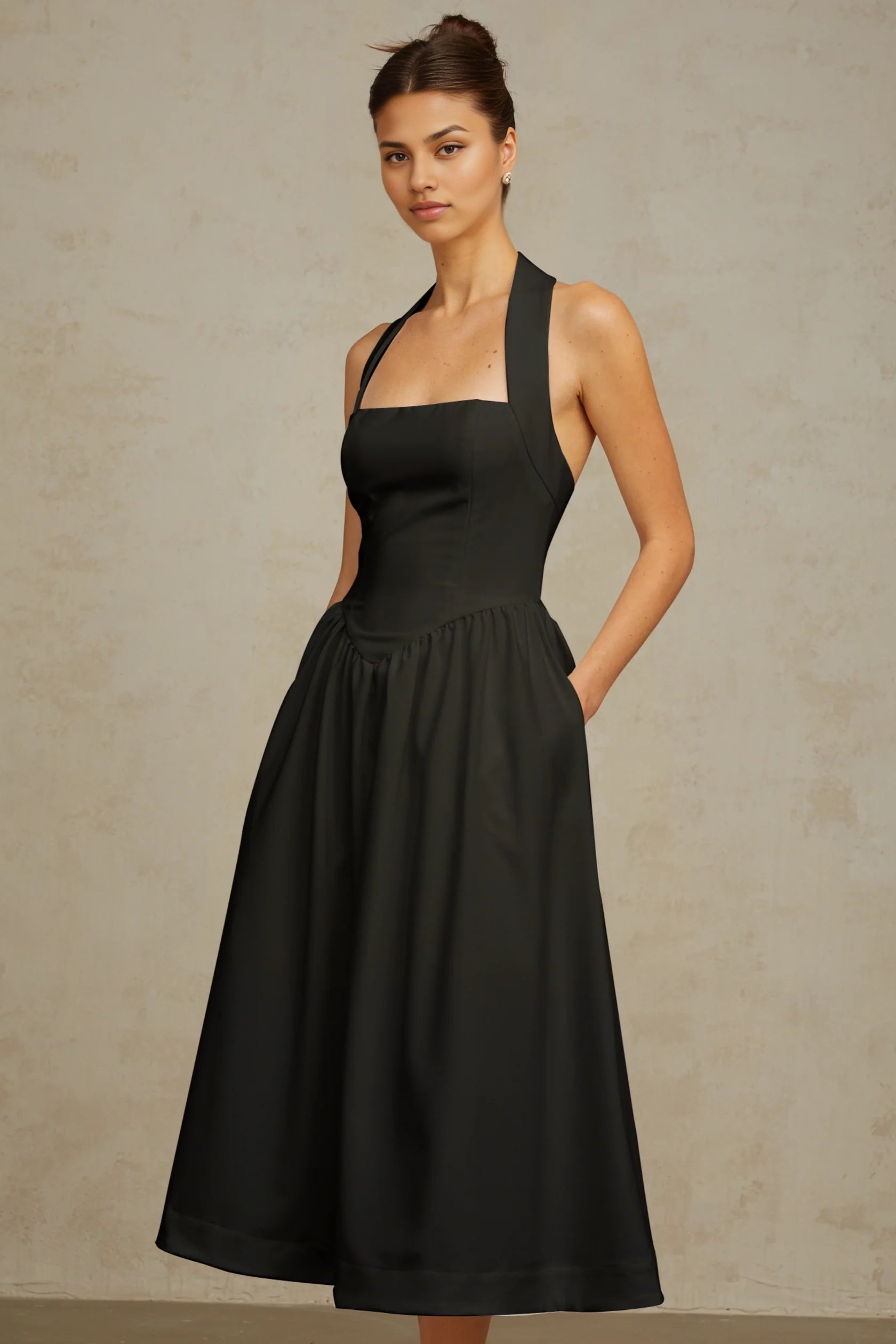 Black Halter Neck Open - Back Midi Dress halterneck pleated midi dress in Black Evening Dress