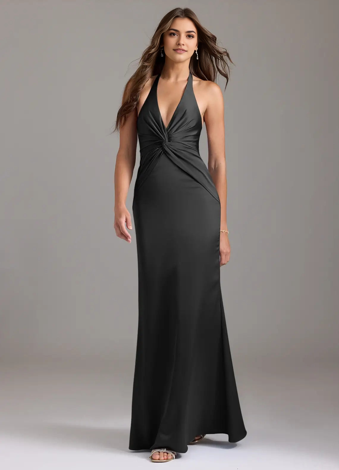 Black Halter Neck Satin Maxi Dress with Knot Detail Black Mermaid Pleated Stretch Satin Dress Bridesmaid Dresses