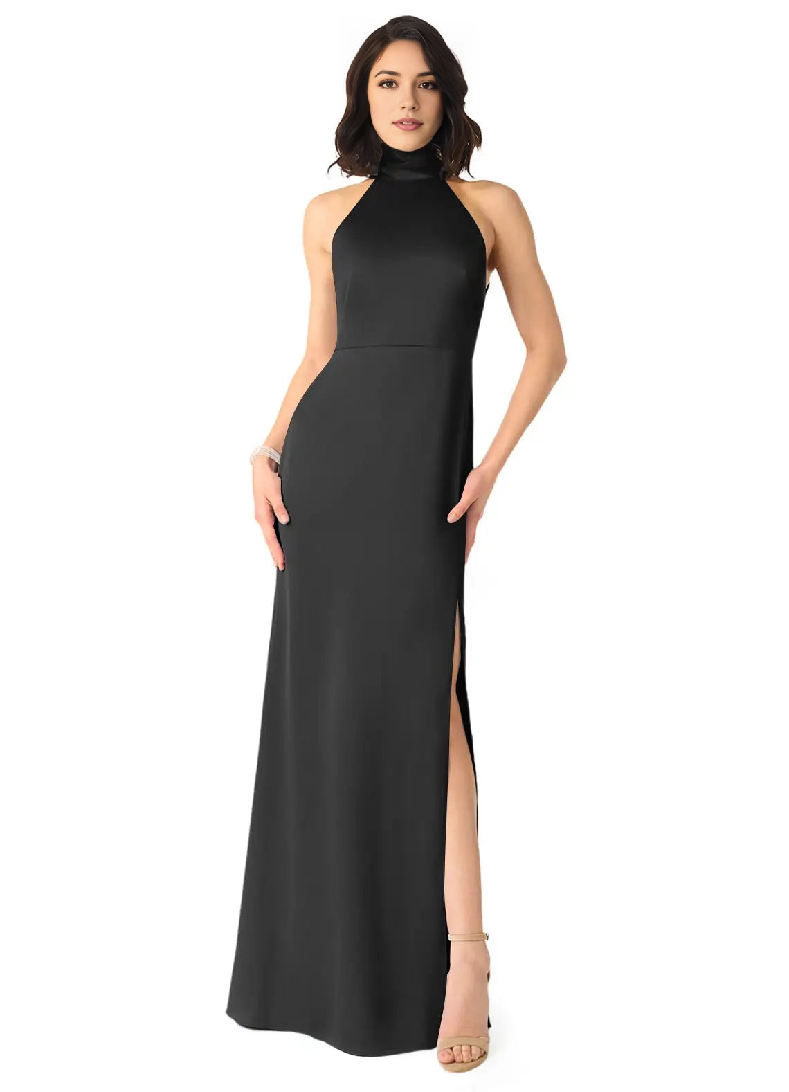 Black High Neck Halter Maxi Dress with Side Slit and Bow Back Black Sheath High Neck Stretch Satin Dress Bridesmaid Dresses