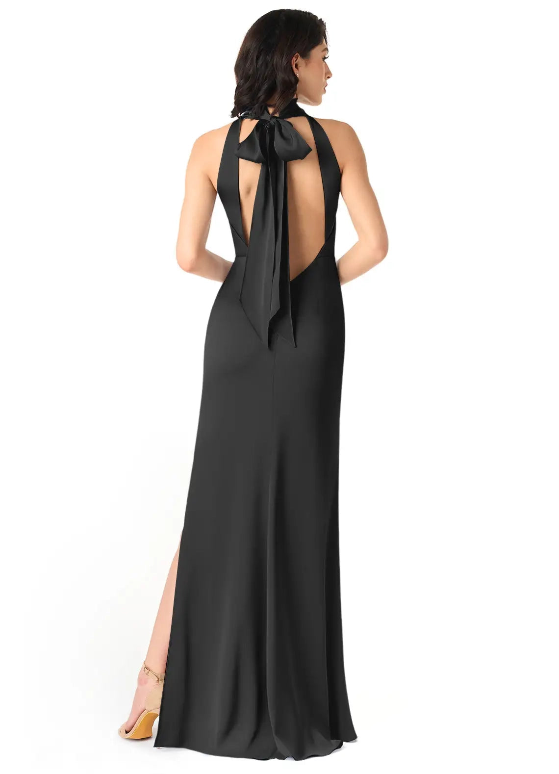 Black High Neck Halter Maxi Dress with Side Slit and Bow Back Black Sheath High Neck Stretch Satin Dress Bridesmaid Dresses