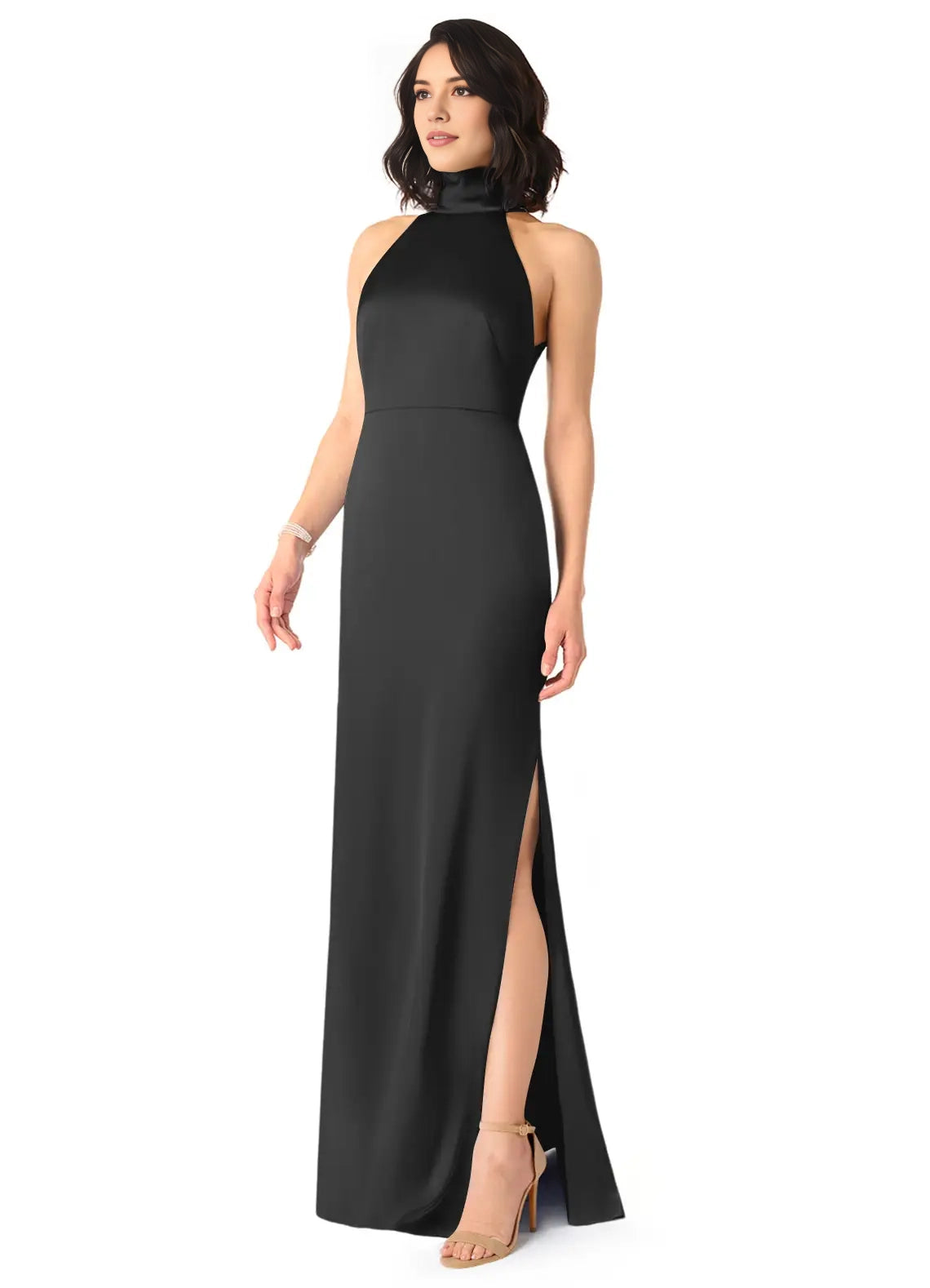 Black High Neck Halter Maxi Dress with Side Slit and Bow Back Black Sheath High Neck Stretch Satin Dress Bridesmaid Dresses