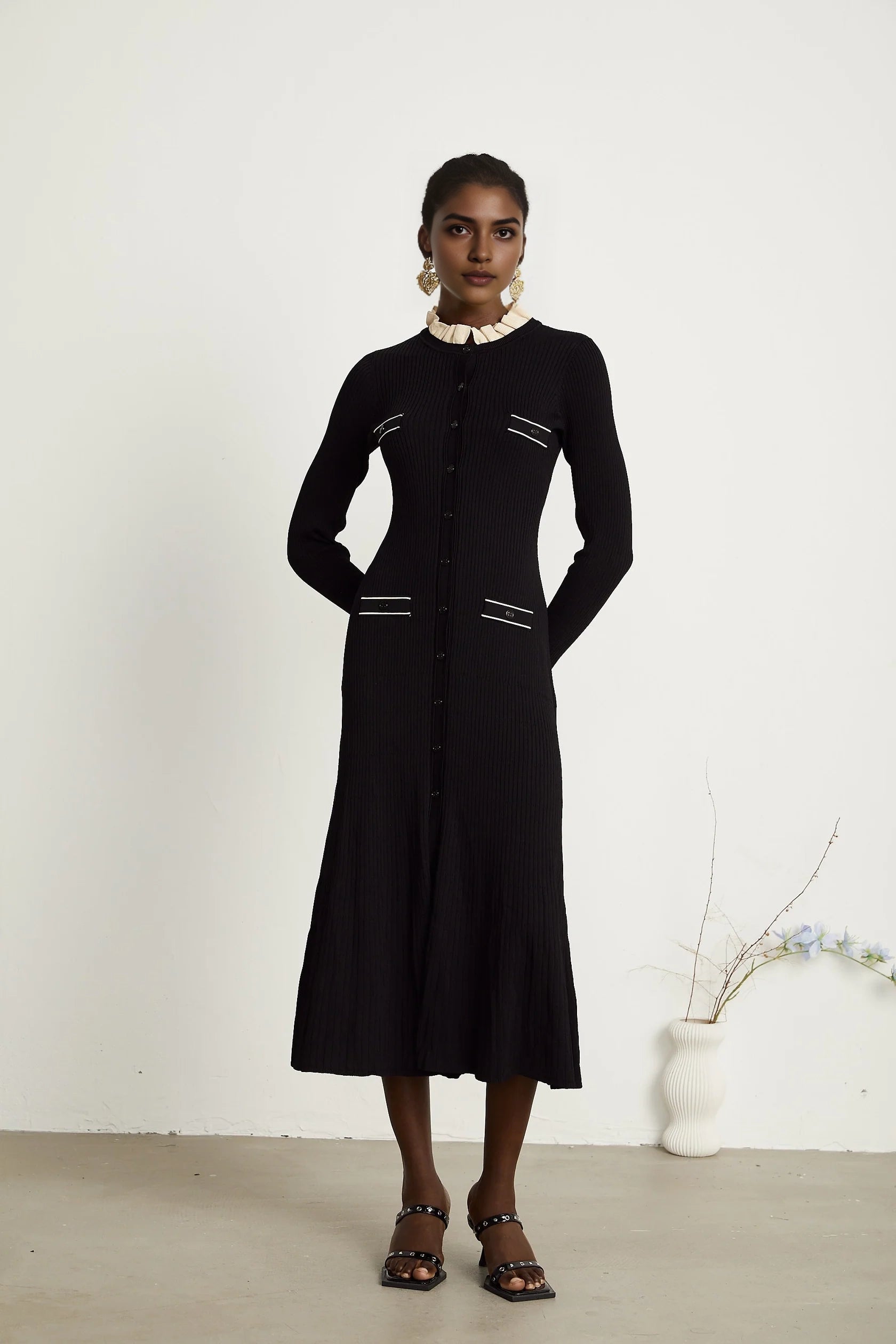 Black Knit Midi Dress with Contrast Ruffle Collar black ruffled-neck knitted midi dress Evening Dress