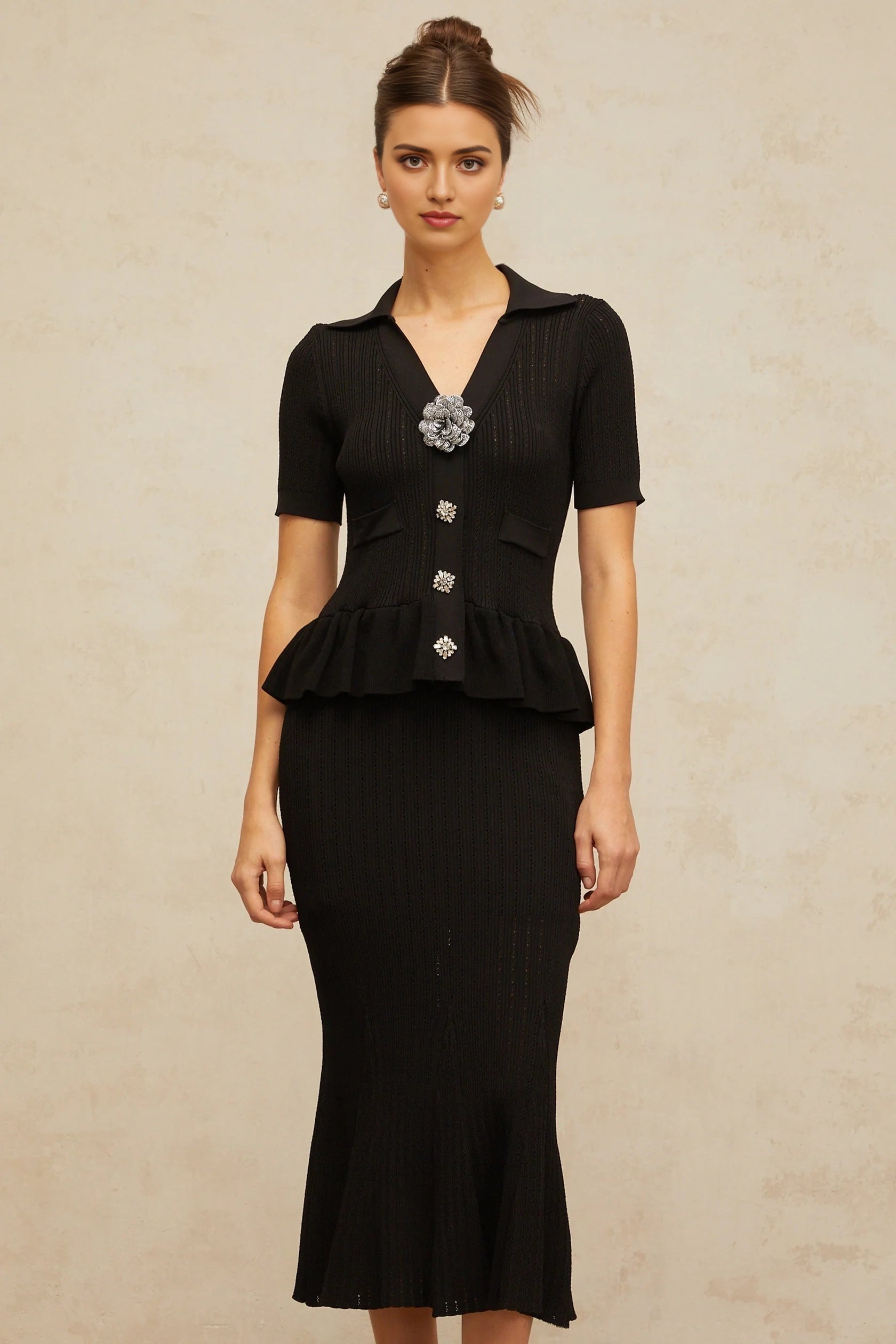 Black Knit Peplum Top and Midi Skirt Set embellished pointelle-knit midi dress Evening Dress