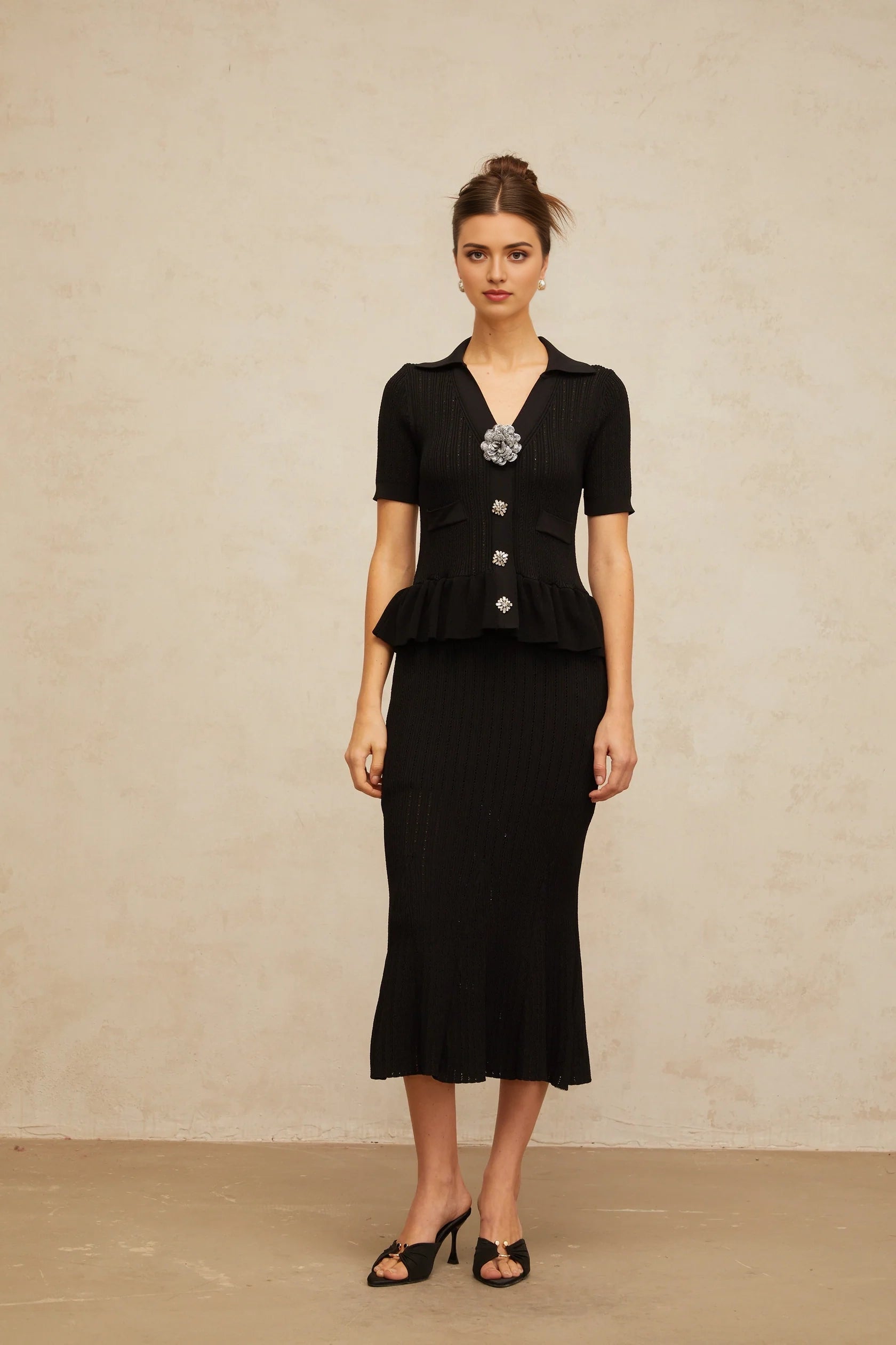 Black Knit Peplum Top and Midi Skirt Set embellished pointelle-knit midi dress Evening Dress