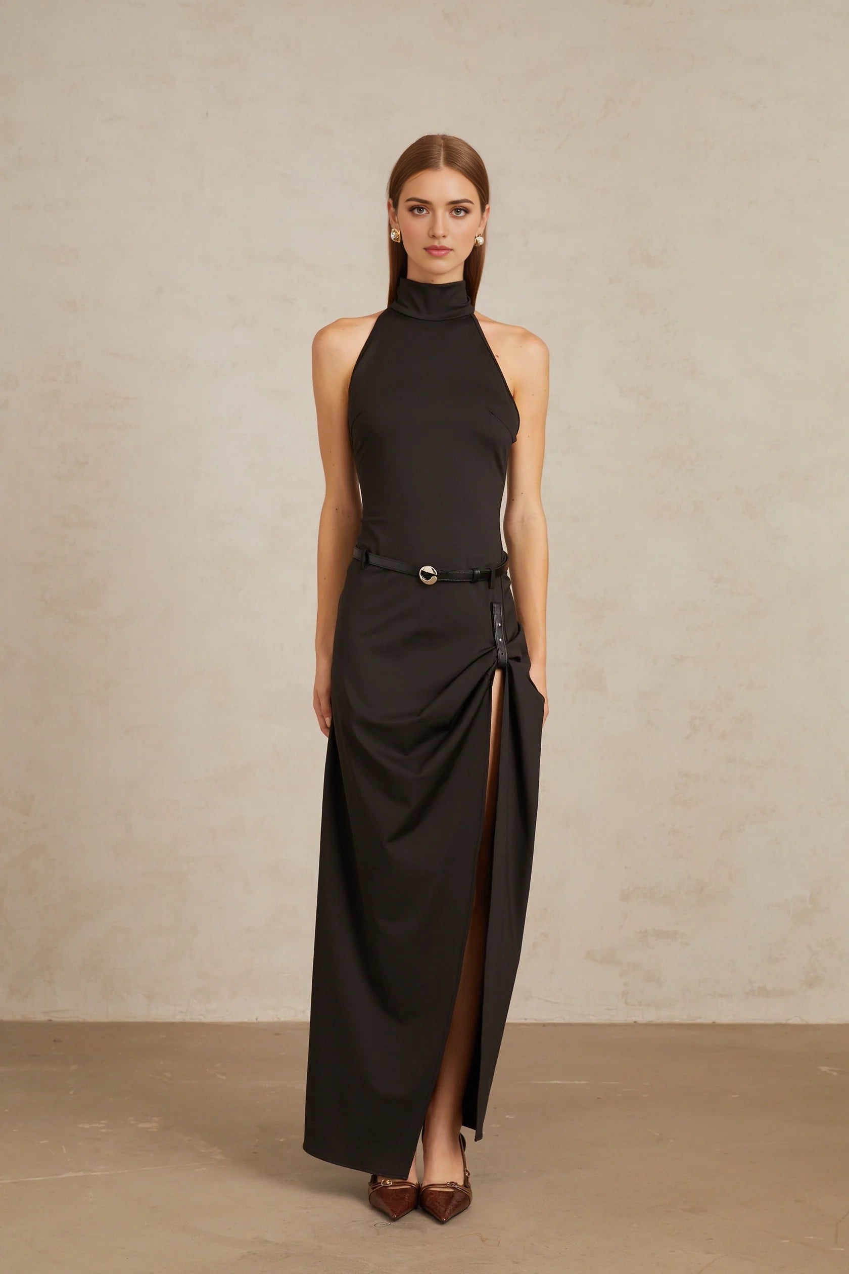 Black Knit Peplum Top and Midi Skirt Set Black Gathered Halterneck Maxi Dress Evening Dress