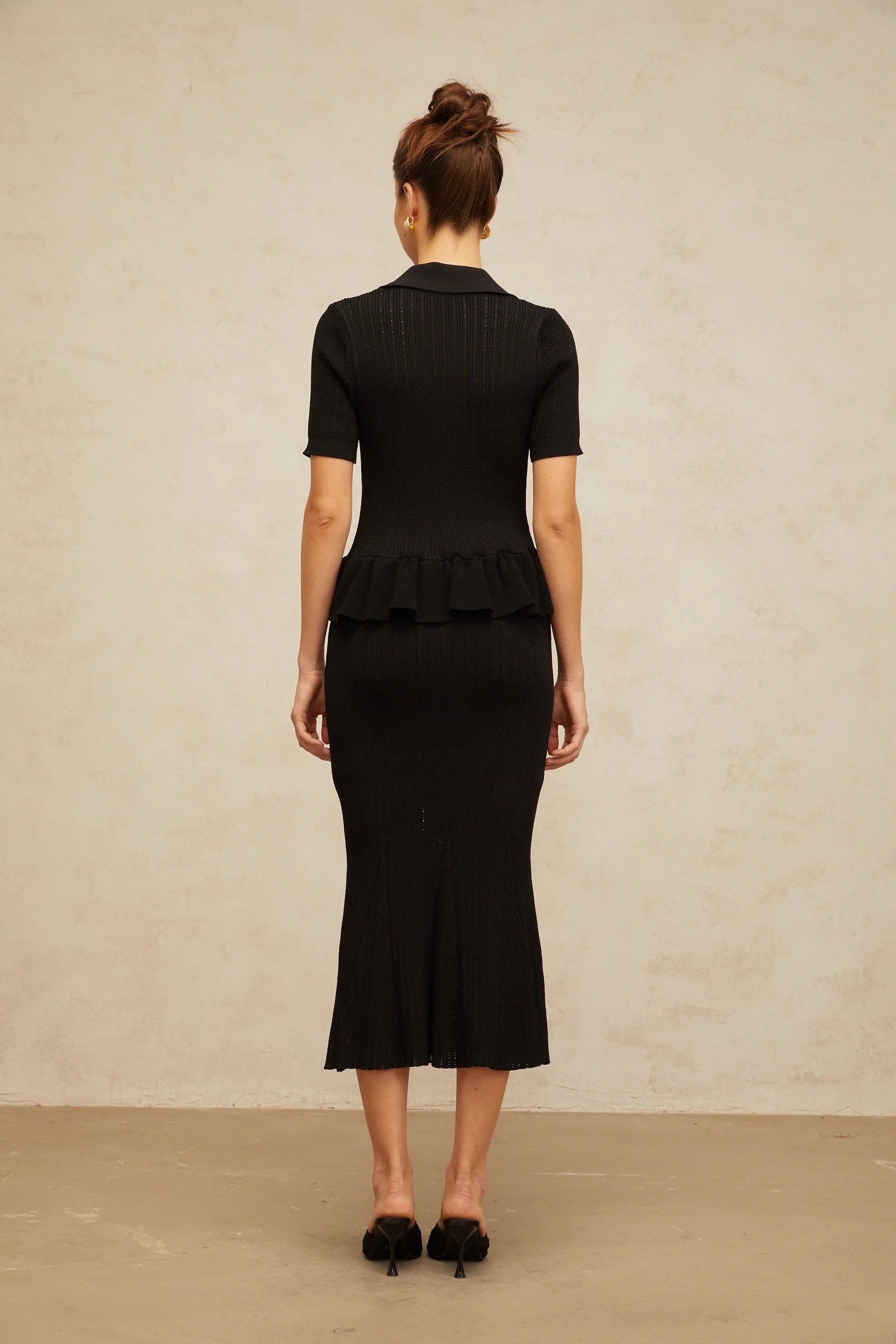 Black Knit Peplum Top and Midi Skirt Set embellished pointelle-knit midi dress Evening Dress