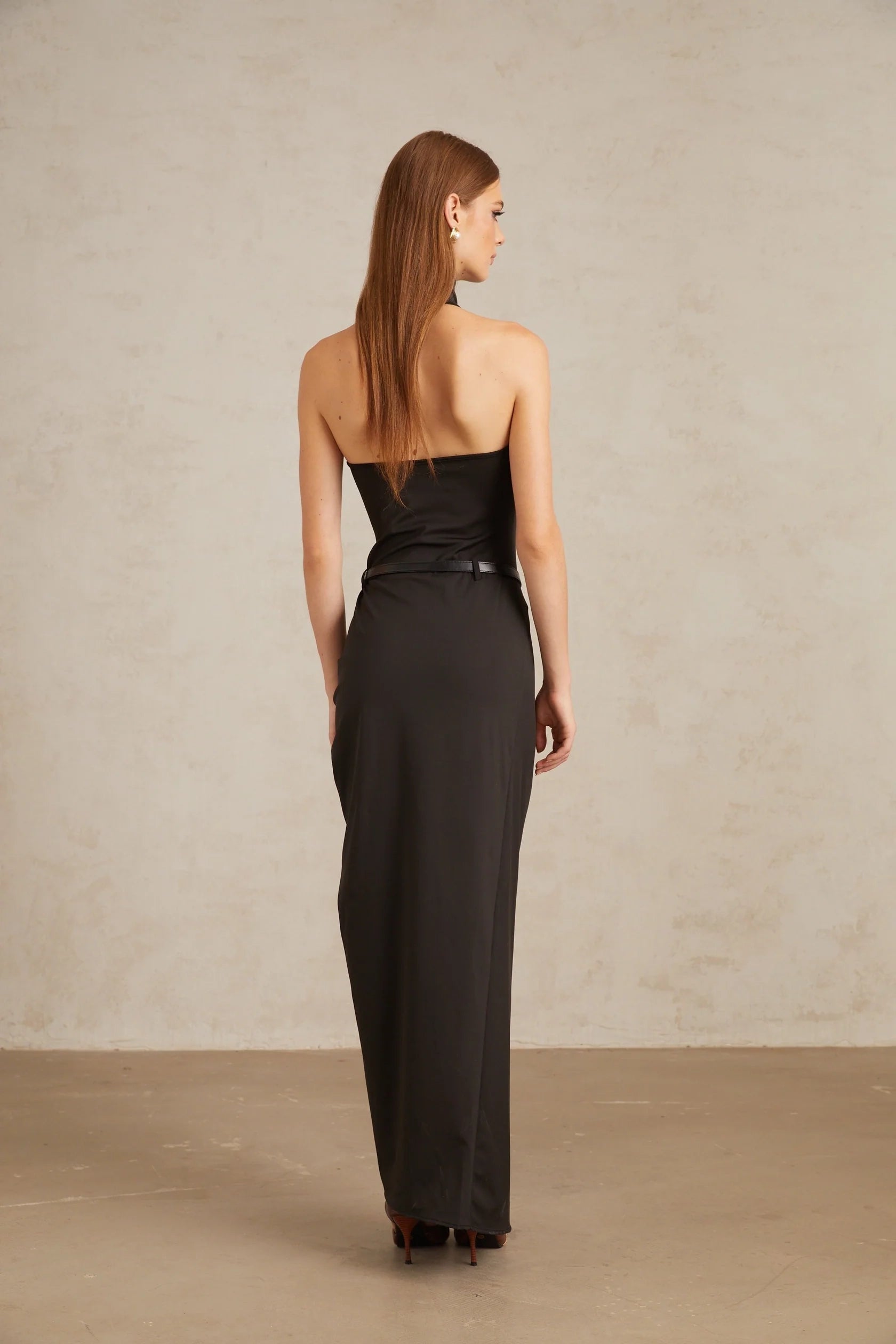 Black Knit Peplum Top and Midi Skirt Set Black Gathered Halterneck Maxi Dress Evening Dress