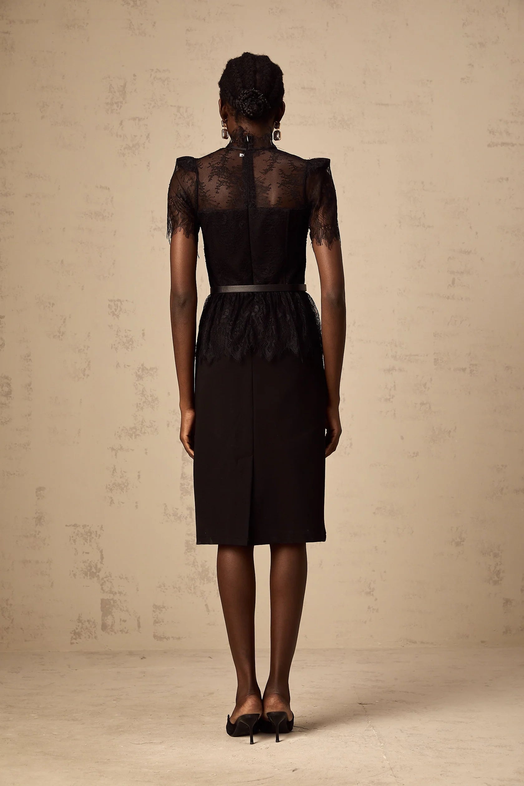 Black Lace Mock Neck Belted Midi Dress black -lace panelled midi dressEvening Dress