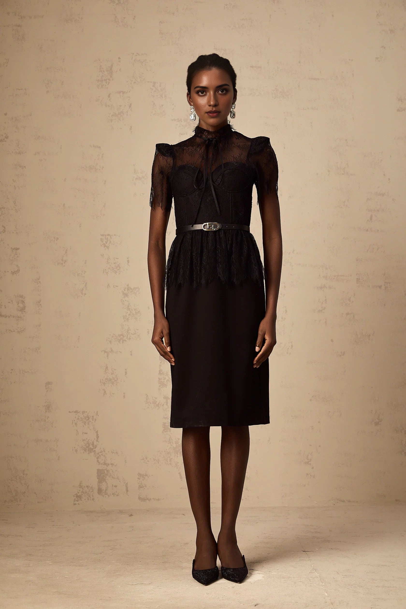 Black Lace Mock Neck Belted Midi Dress black -lace panelled midi dressEvening Dress