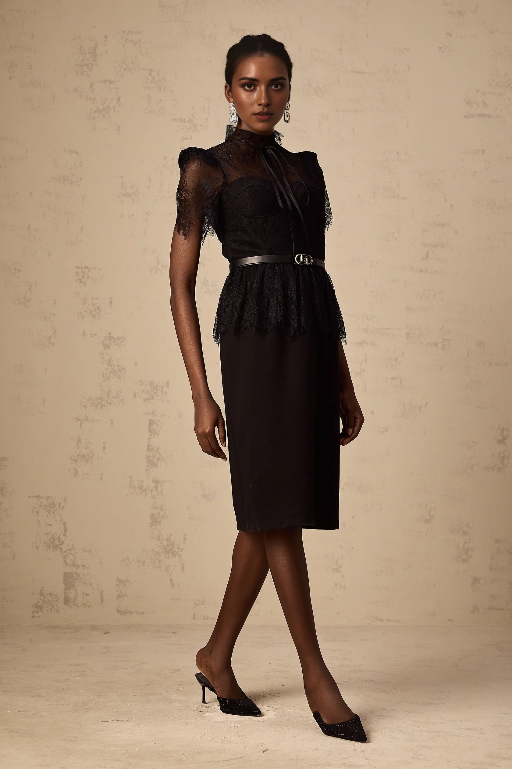 Black Lace Mock Neck Belted Midi Dress black -lace panelled midi dressEvening Dress