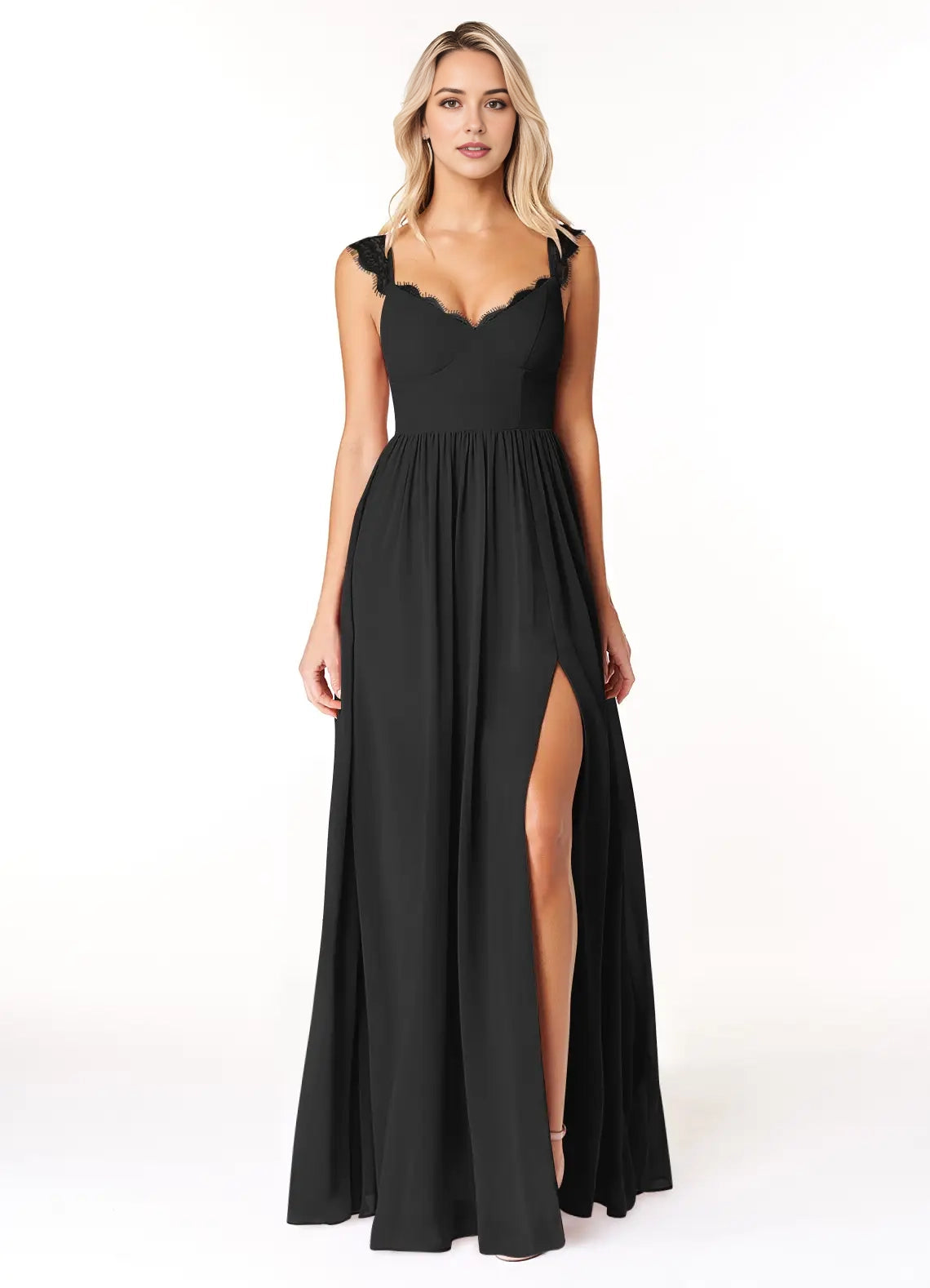 Black Lace Strap Maxi Dress with Side Slit and Open Back Black A-Line Sweetheart Lace Chiffon Dress Bridesmaid Dresses
