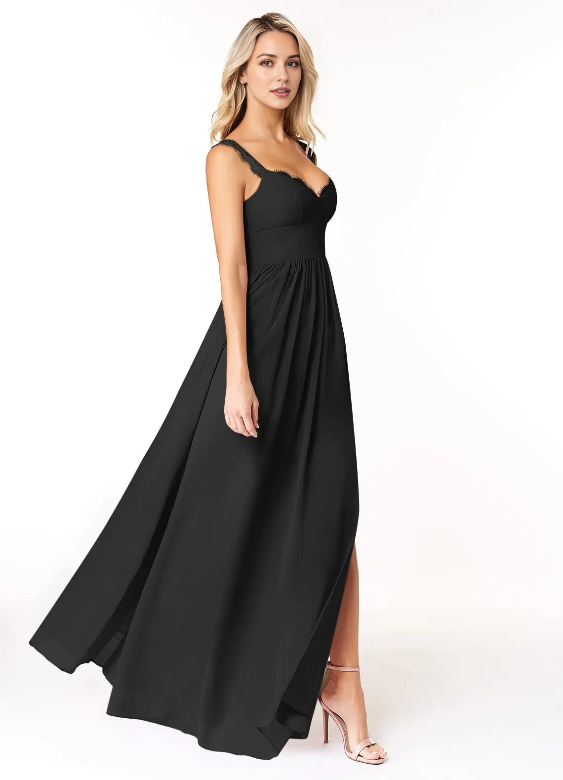 Black Lace Strap Maxi Dress with Side Slit and Open Back Black A-Line Sweetheart Lace Chiffon Dress Bridesmaid Dresses