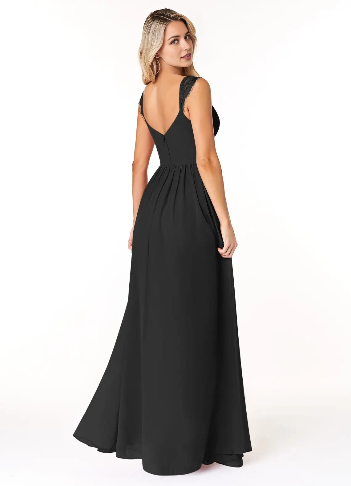 Black Lace Strap Maxi Dress with Side Slit and Open Back Black A-Line Sweetheart Lace Chiffon Dress Bridesmaid Dresses