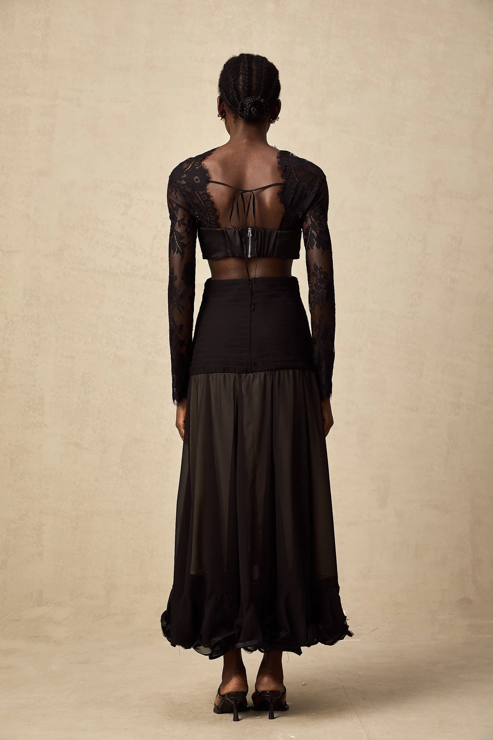 Black Lace Tie - Front Cut - Out Maxi Dress floral-lace panelled maxi dress Evening Dress