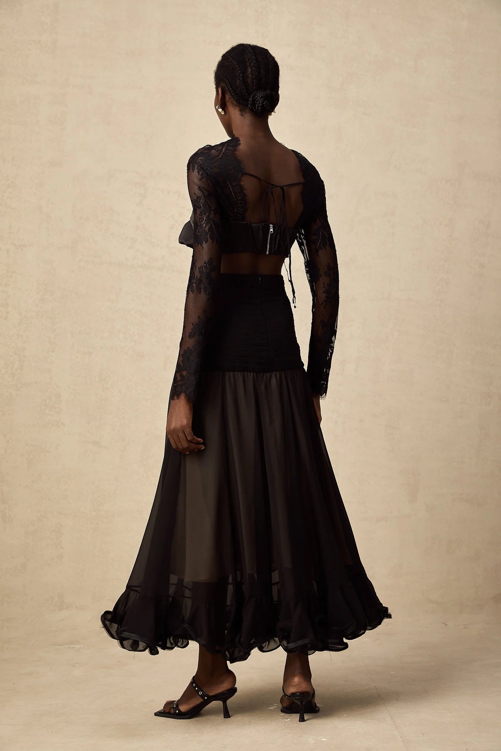 Black Lace Tie - Front Cut - Out Maxi Dress floral-lace panelled maxi dress Evening Dress