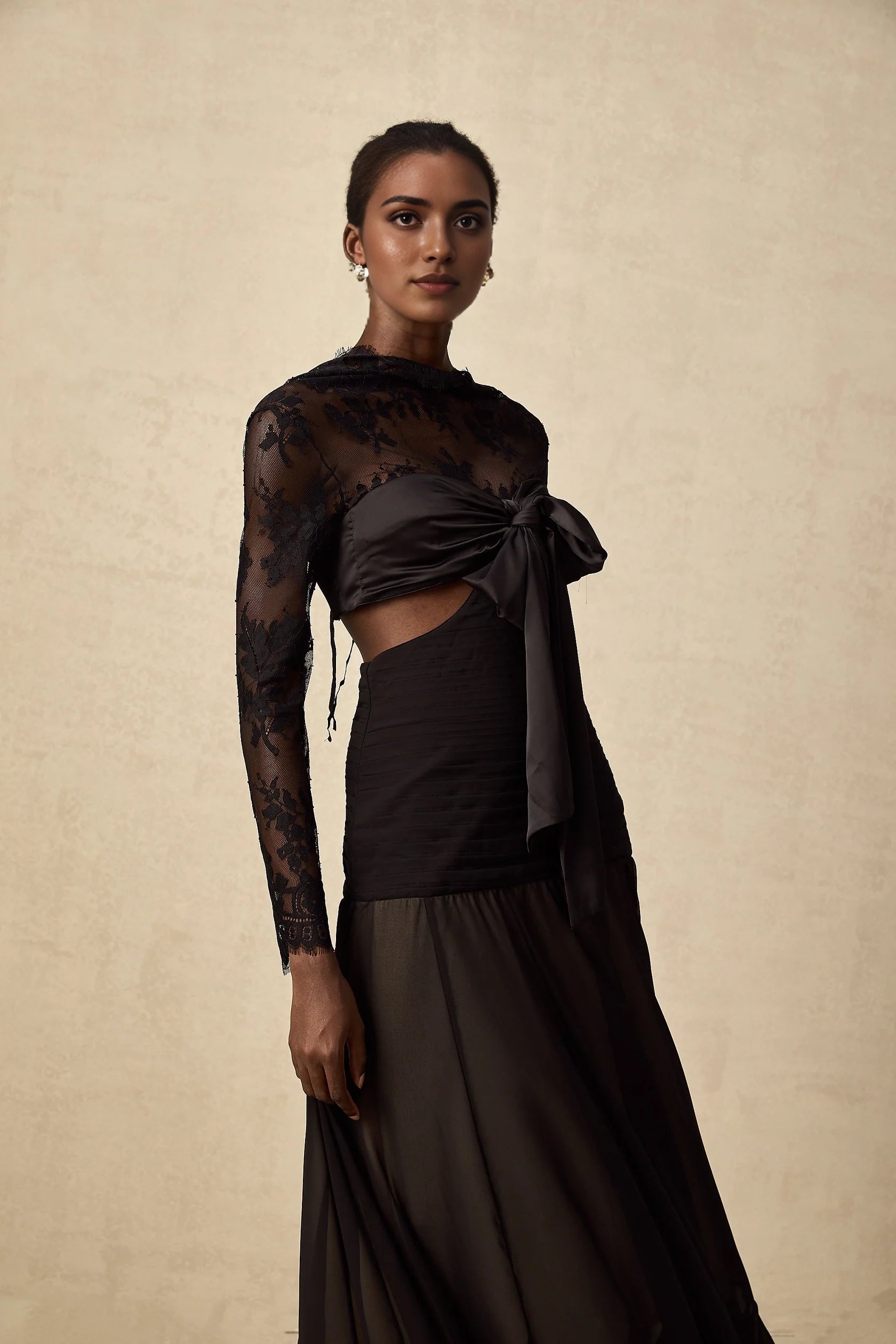 Black Lace Tie - Front Cut - Out Maxi Dress floral-lace panelled maxi dress Evening Dress