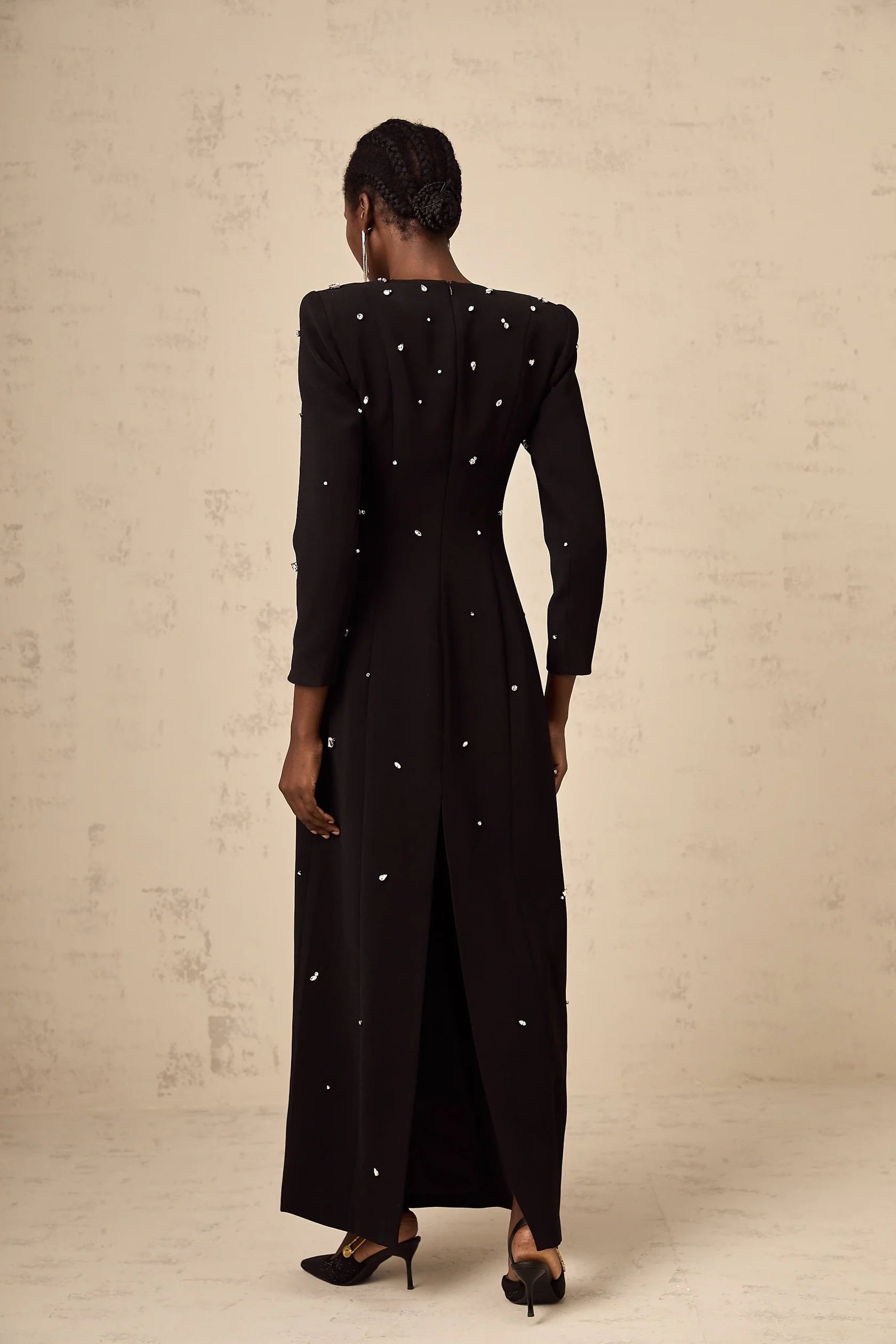 Black Long Sleeve Maxi Dress with Crystal Embellishments black crystal-embellished maxi dress Evening Dress