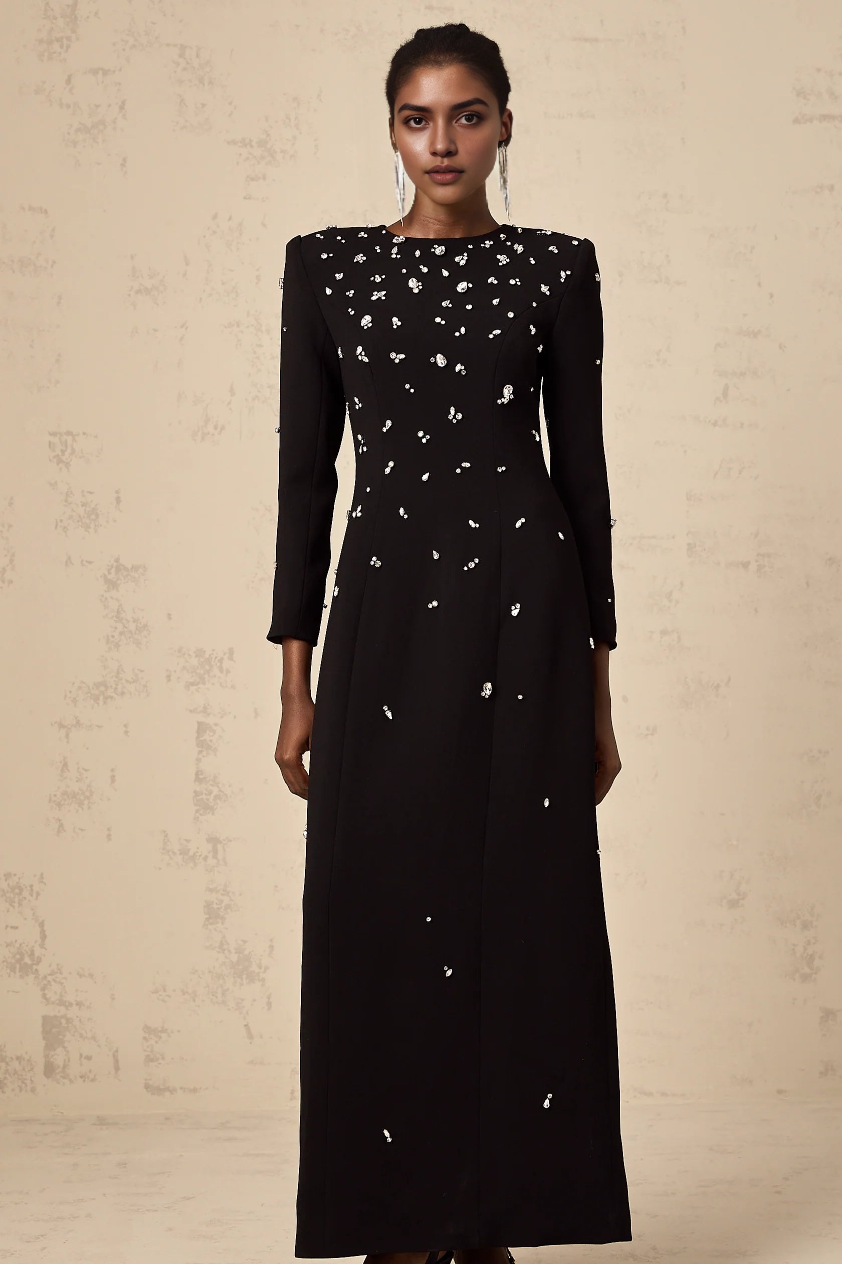 Black Long Sleeve Maxi Dress with Crystal Embellishments black crystal-embellished maxi dress Evening Dress