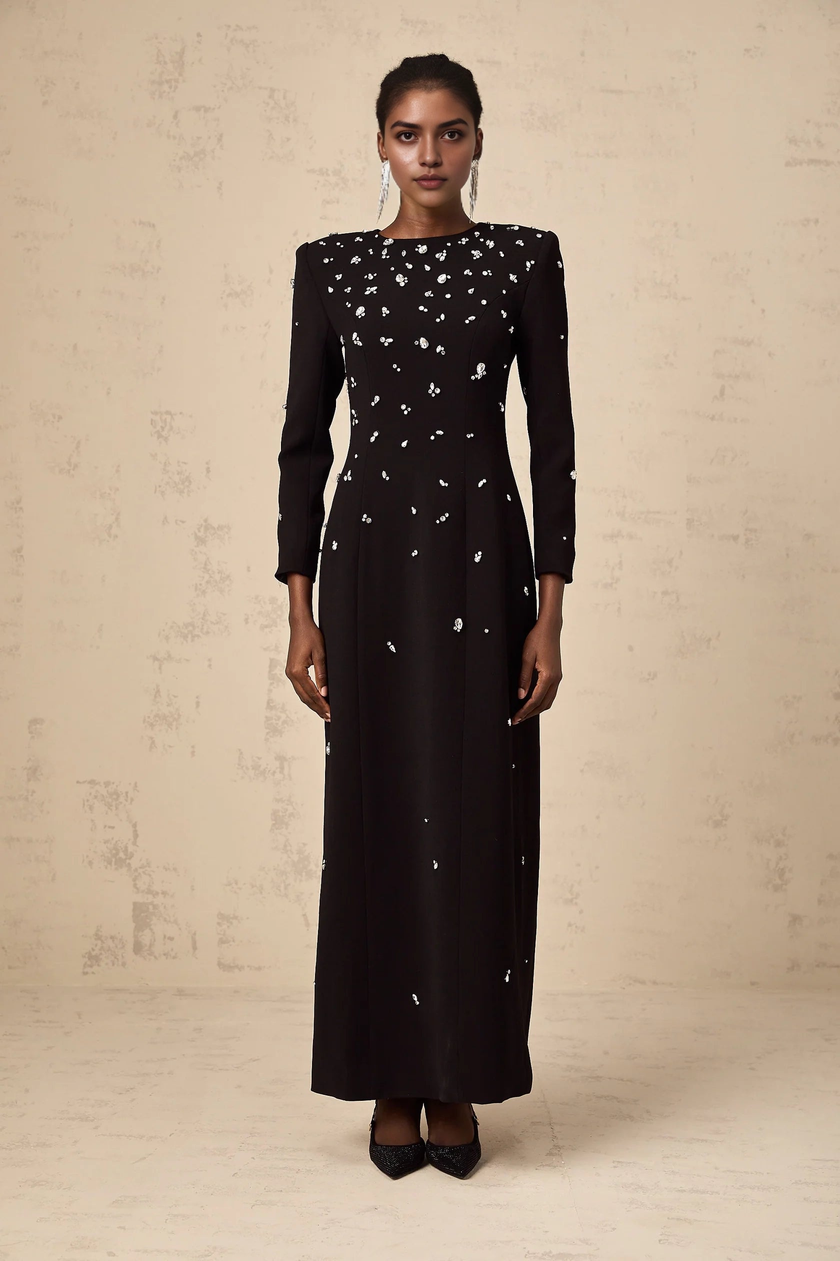 Black Long Sleeve Maxi Dress with Crystal Embellishments black crystal-embellished maxi dress Evening Dress