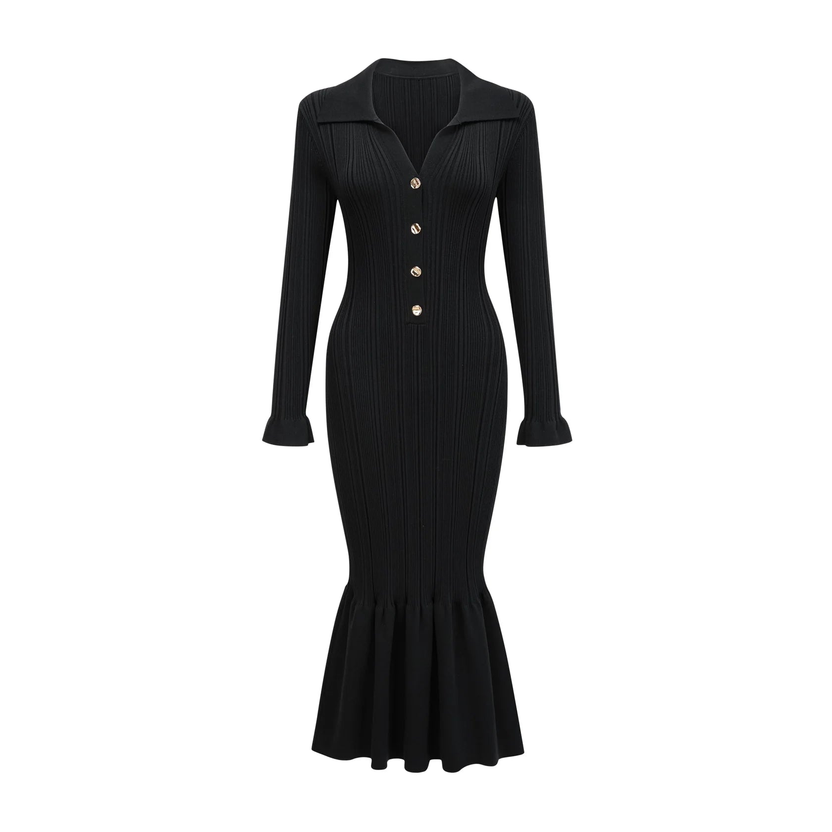 Black Long Sleeve Ruffled Hem Midi Dress Priscille black ruffled midi dress Evening Dress