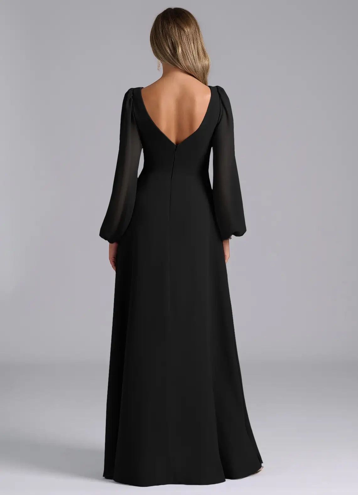 Black Long Sleeve V-Neck Maxi Dress with Side Slit and Open Back Black A-Line Long Sleeve Chiffon Dress Bridesmaid Dresses