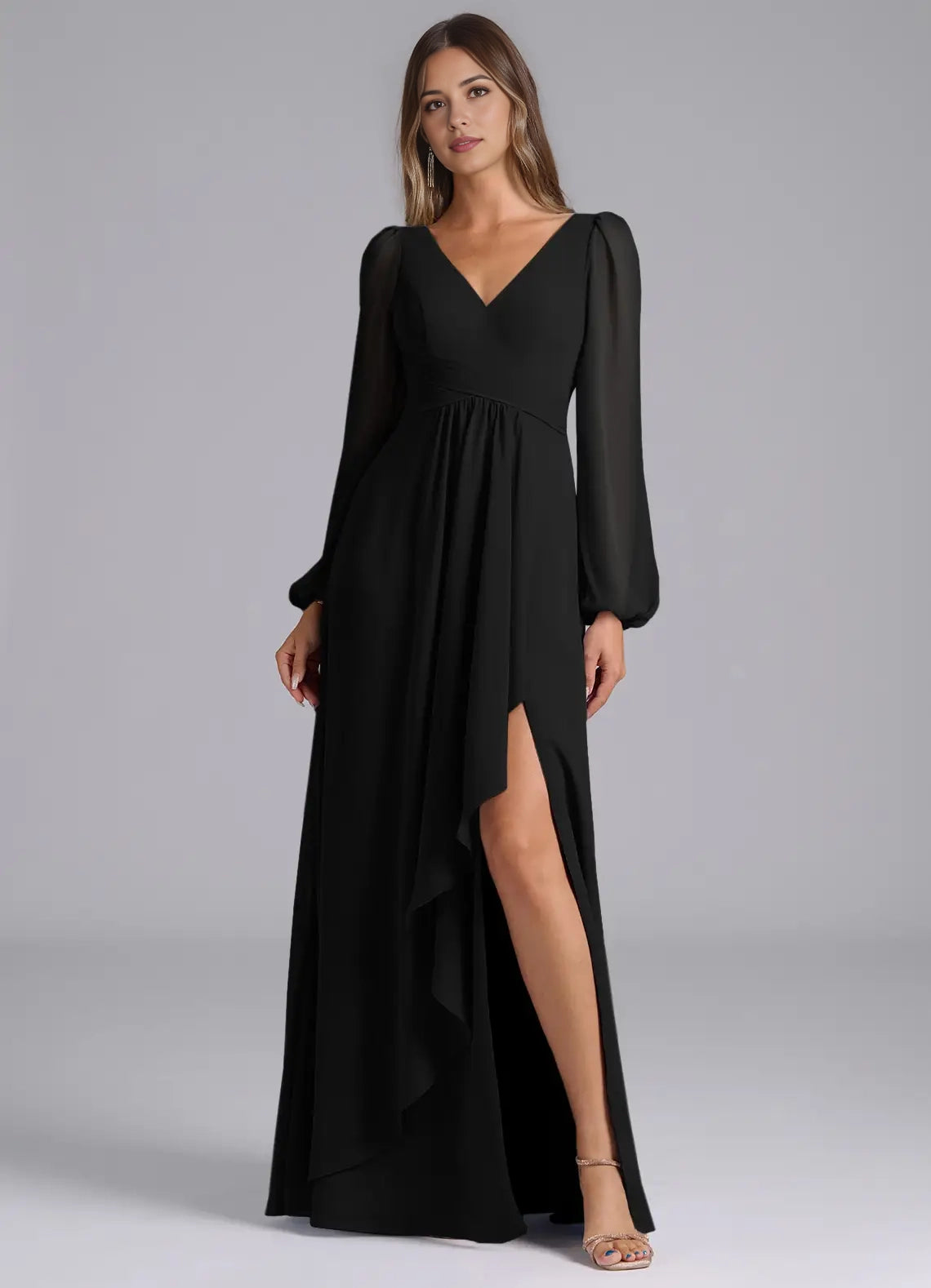 Black Long Sleeve V-Neck Maxi Dress with Side Slit and Open Back Black A-Line Long Sleeve Chiffon Dress Bridesmaid Dresses