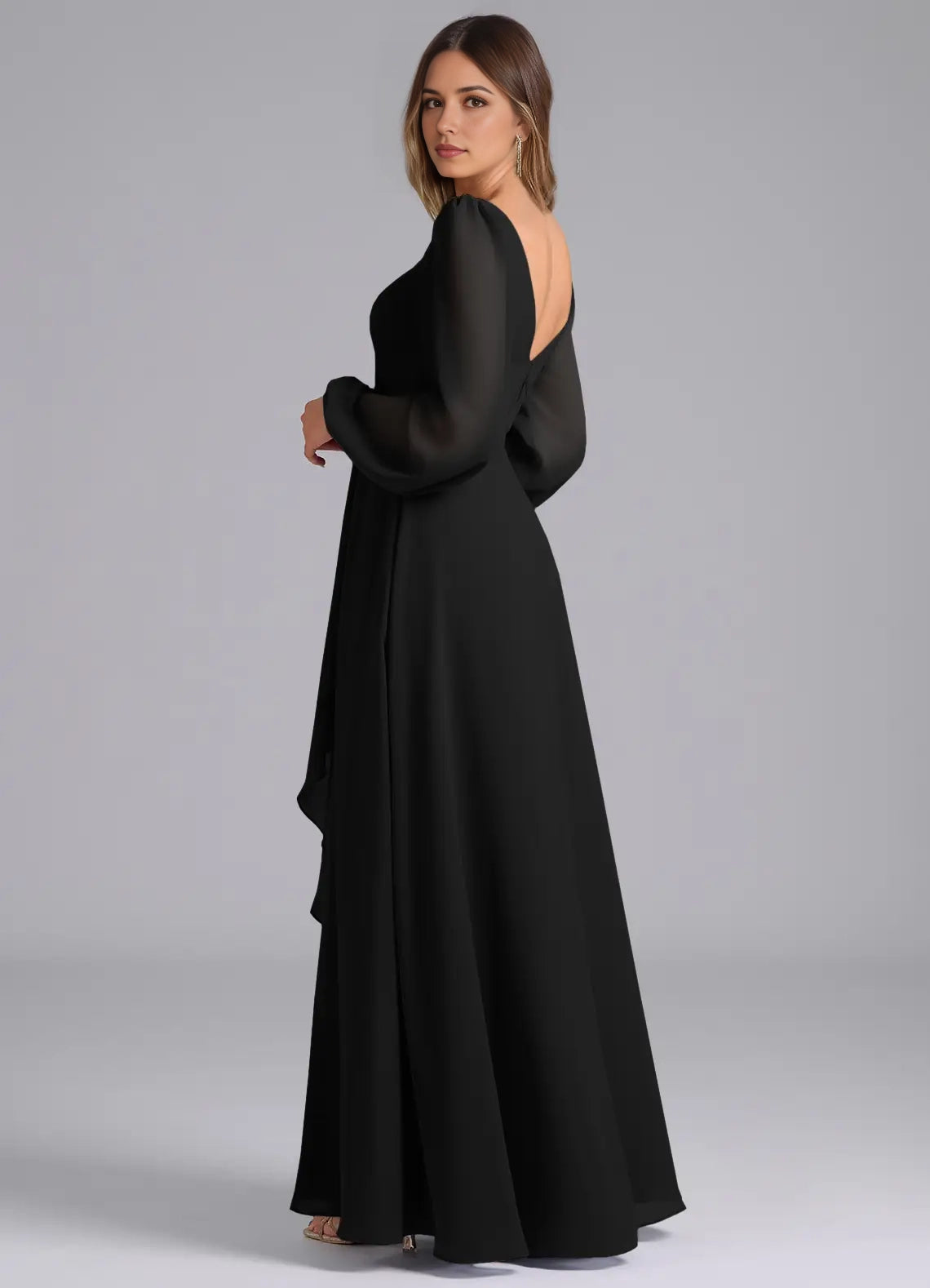 Black Long Sleeve V-Neck Maxi Dress with Side Slit and Open Back Black A-Line Long Sleeve Chiffon Dress Bridesmaid Dresses