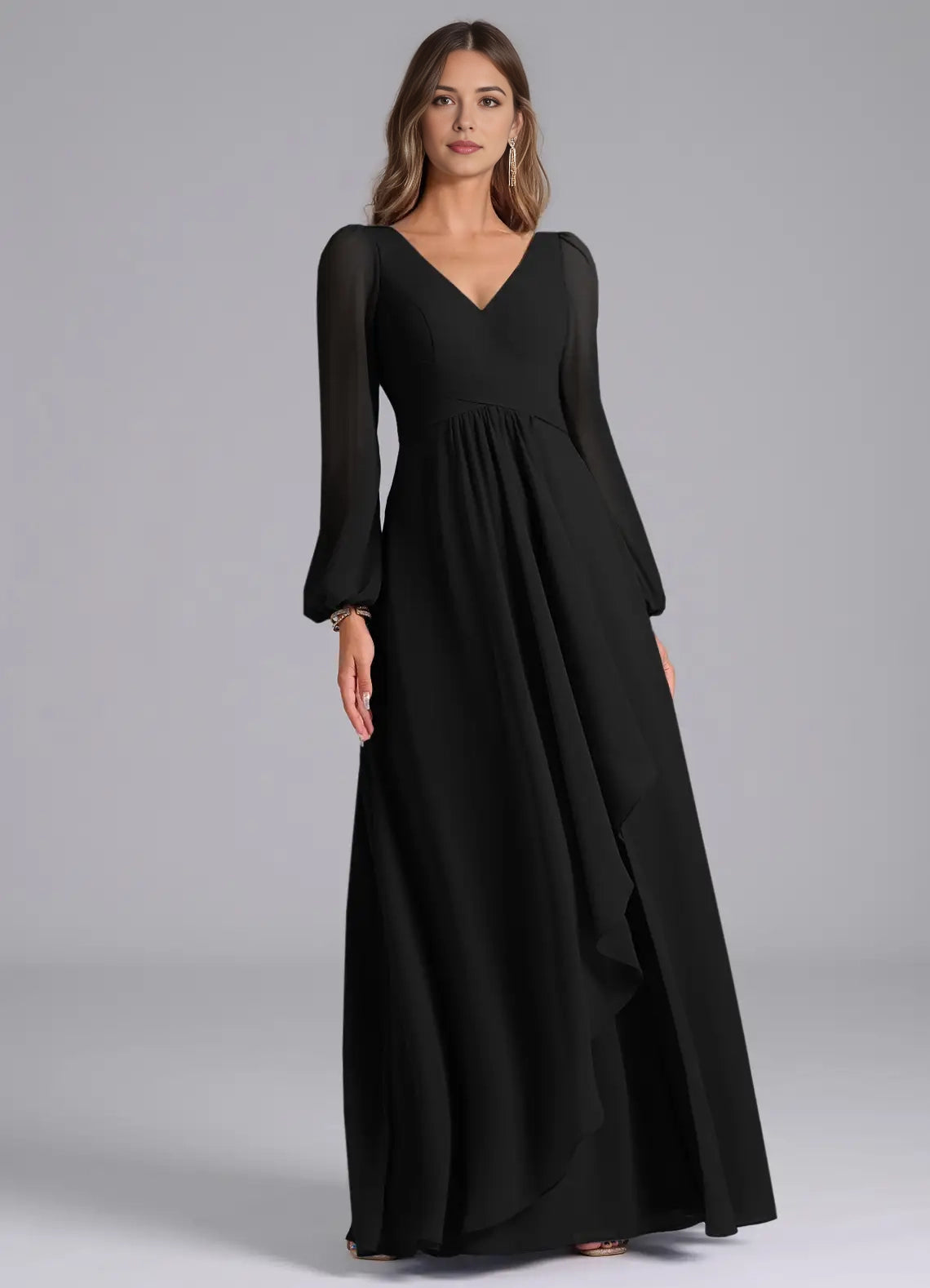 Black Long Sleeve V-Neck Maxi Dress with Side Slit and Open Back Black A-Line Long Sleeve Chiffon Dress Bridesmaid Dresses