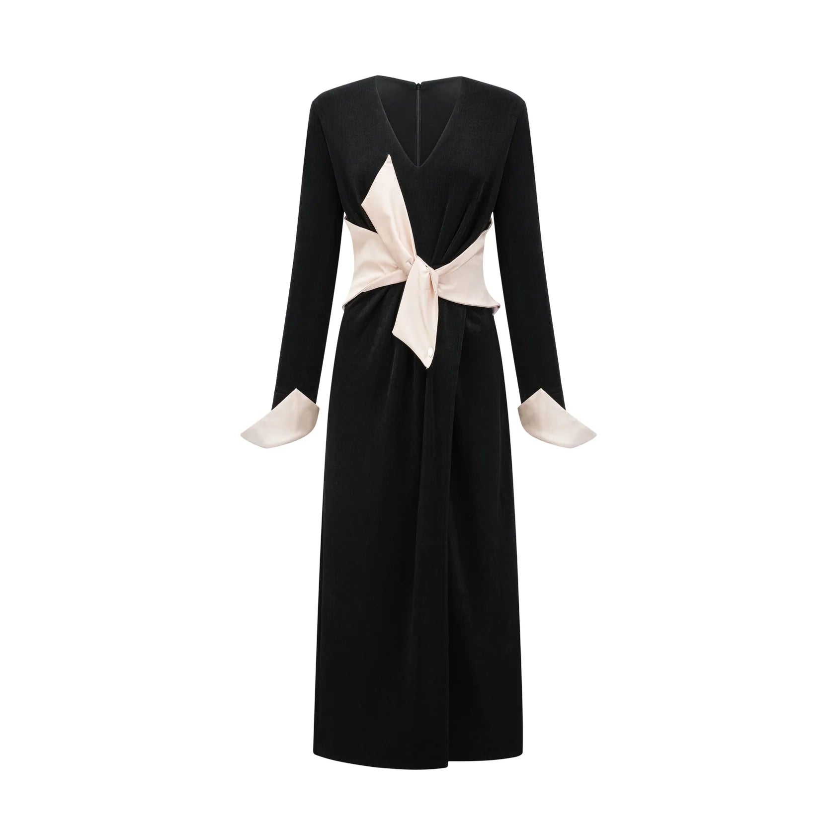 Black Maxi Dress with Cream Contrast Belt and Cuffs Karine contrast-color bowknot v-neck maxi dress Evening Dress