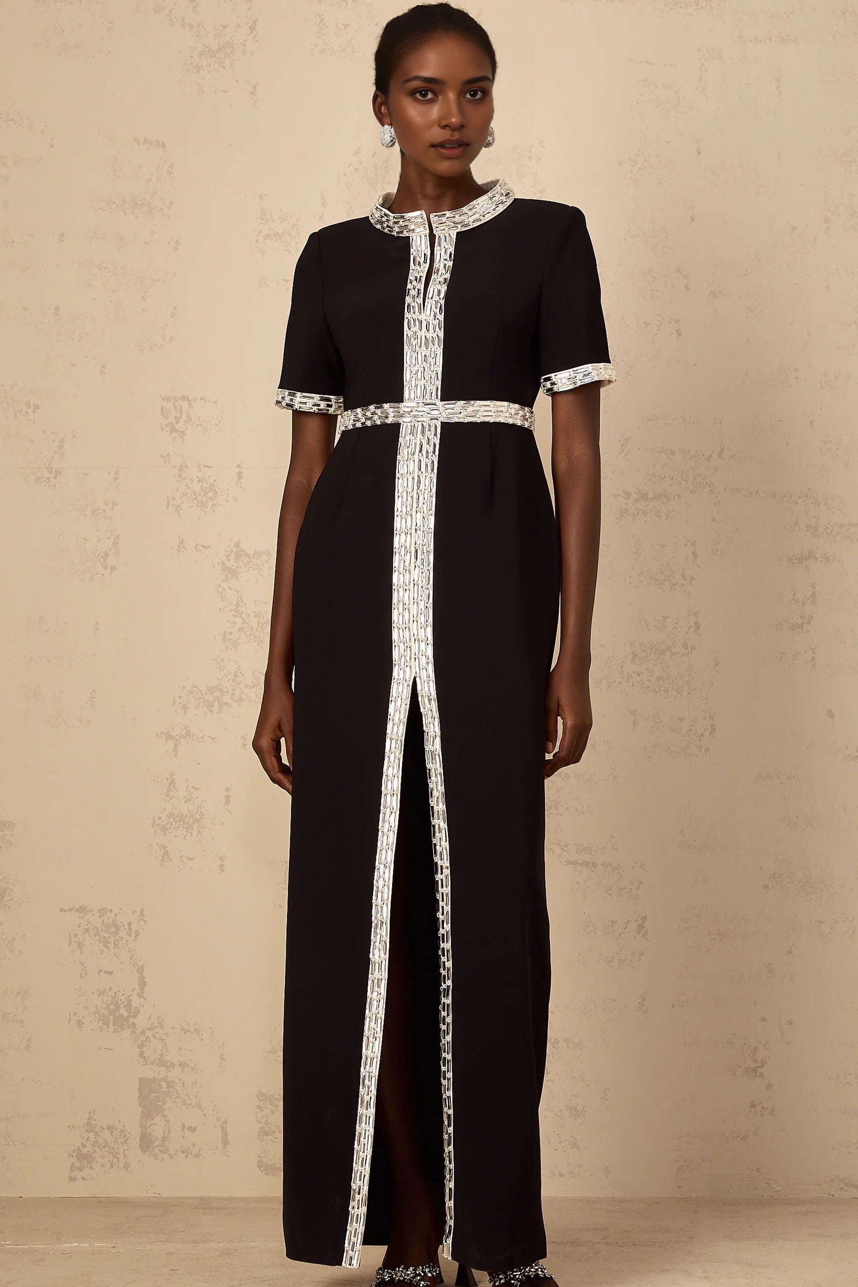 Black Maxi Dress with Silver Embellished Detailing Black Front Slit Crystal Embellished Maxi Dress Evening Dress