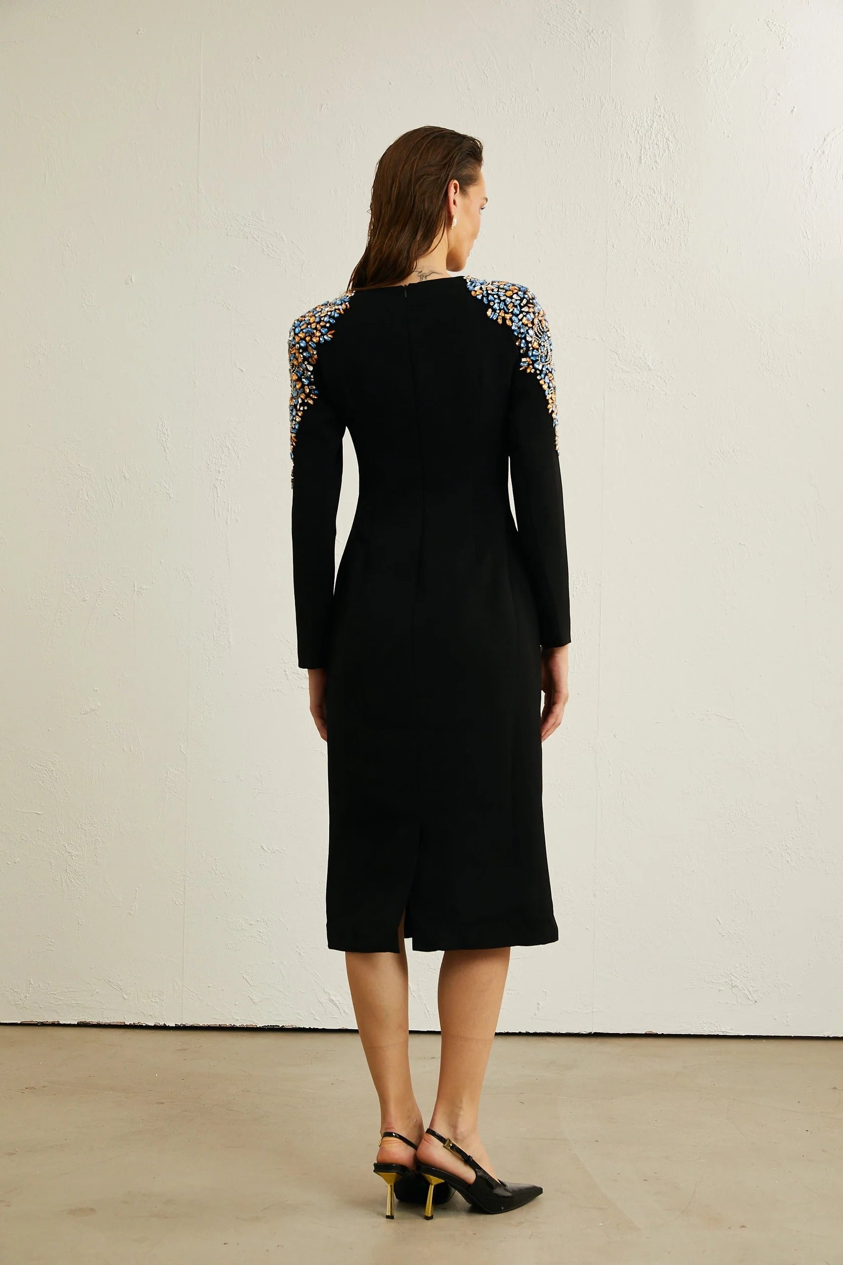 Black Midi Dress with Colorful Beaded Shoulder Detail black crystal-embellished midi dress Evening Dress