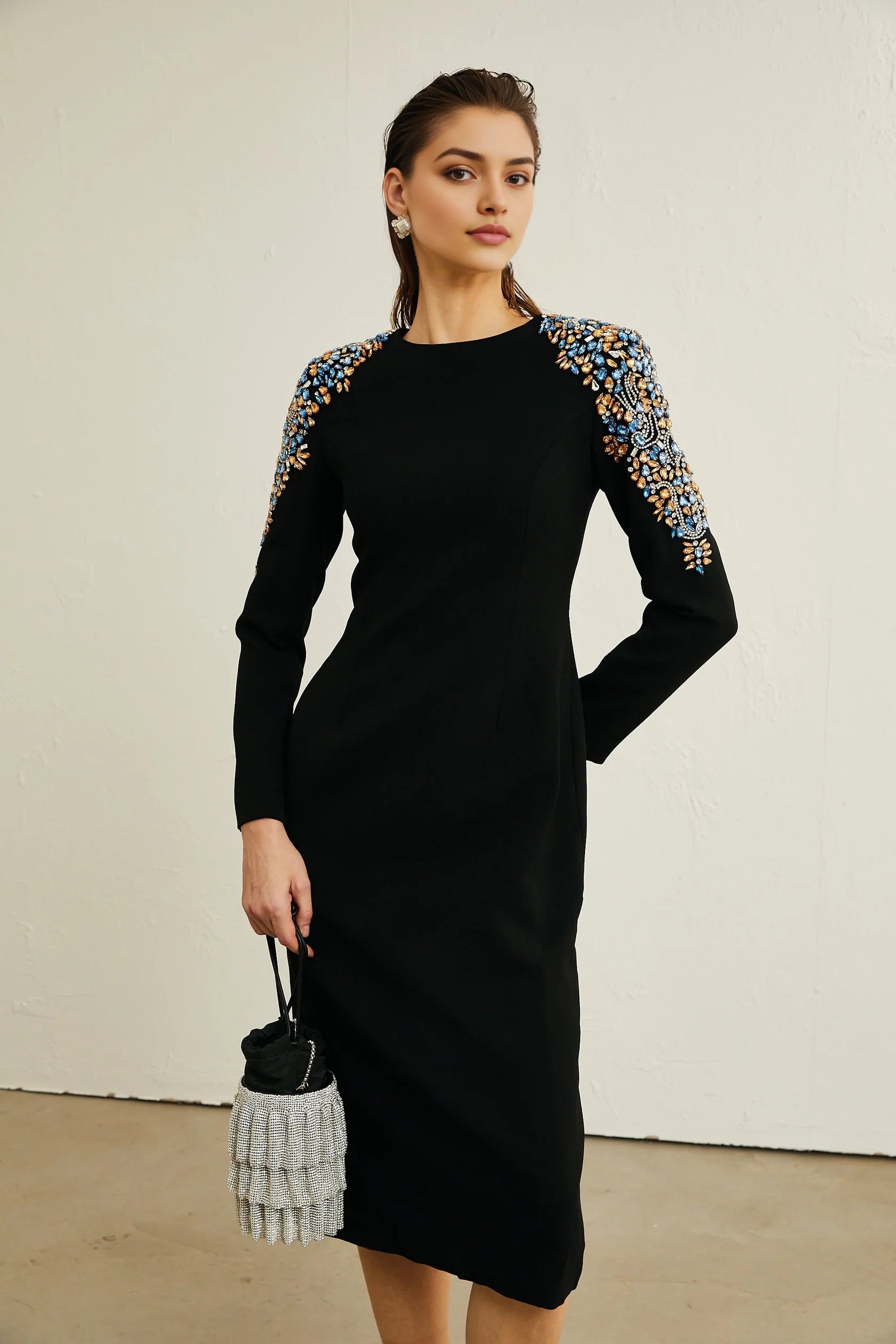 Black Midi Dress with Colorful Beaded Shoulder Detail black crystal-embellished midi dress Evening Dress