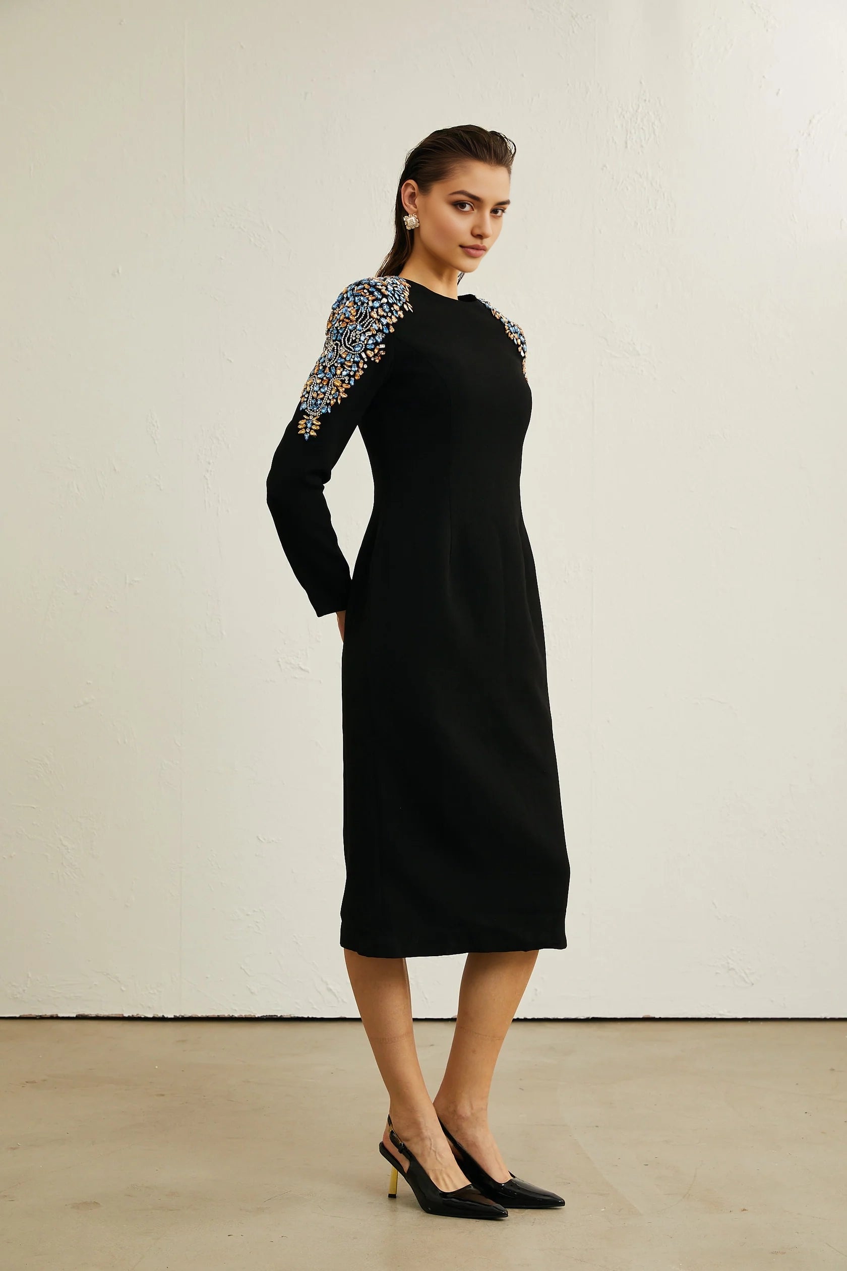 Black Midi Dress with Colorful Beaded Shoulder Detail black crystal-embellished midi dress Evening Dress