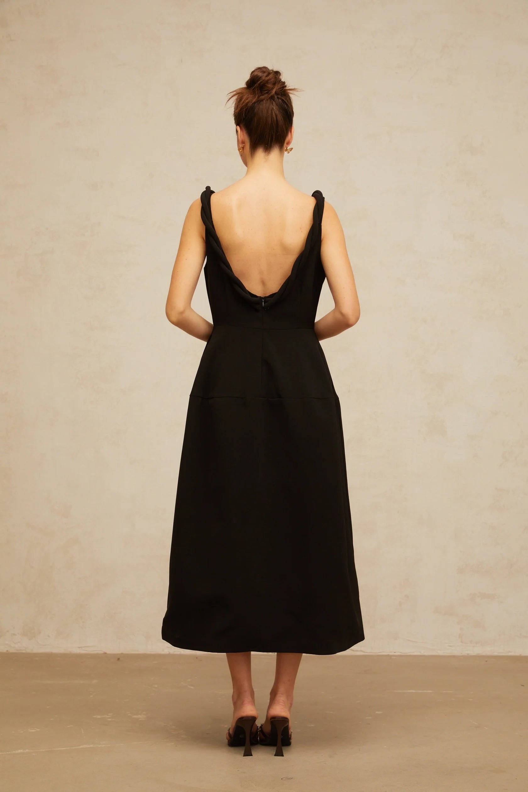 Black Midi Dress with Twisted Strap and Open Back Hermine black braided puff midi dress Evening Dress