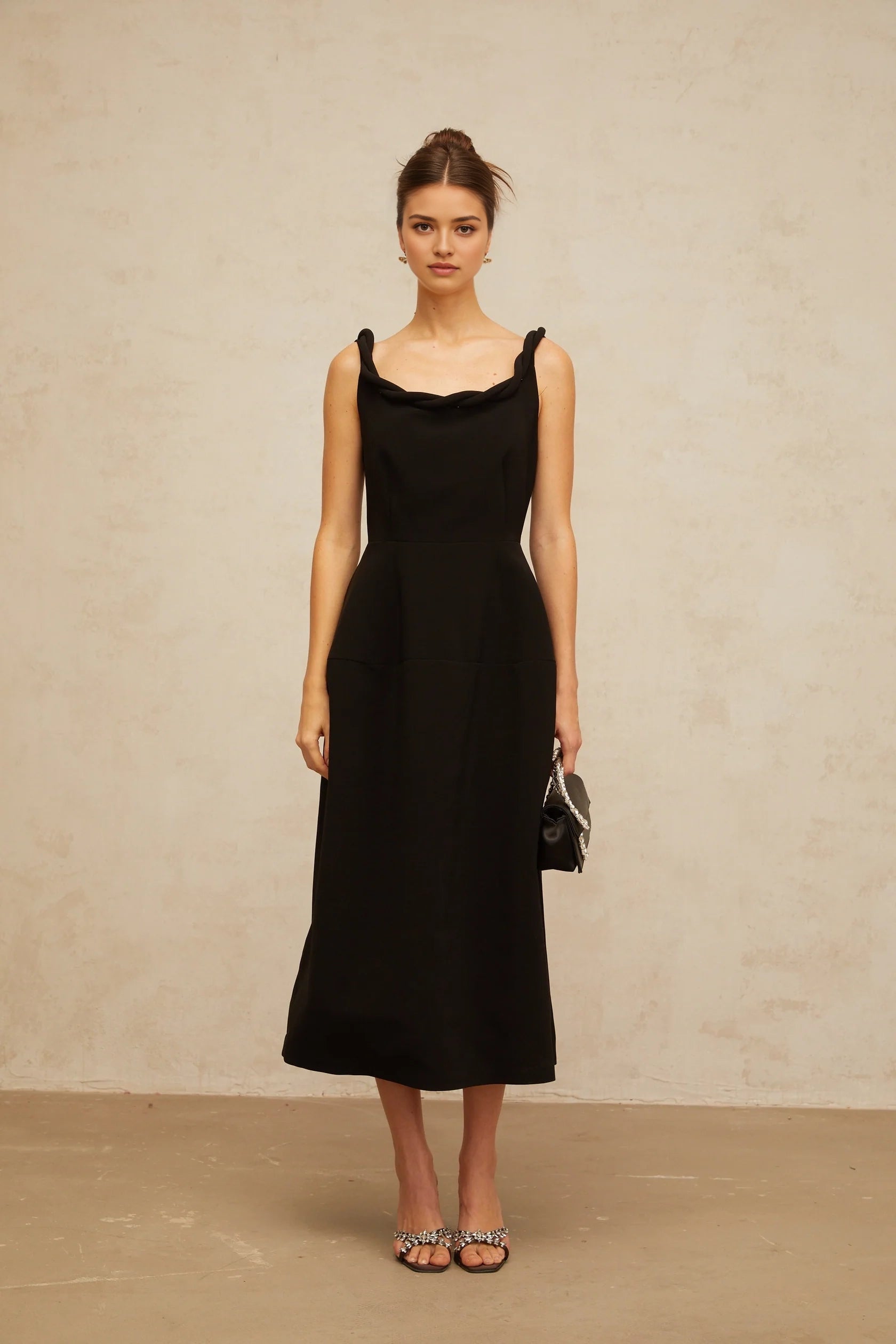 Black Midi Dress with Twisted Strap and Open Back Hermine black braided puff midi dress Evening Dress