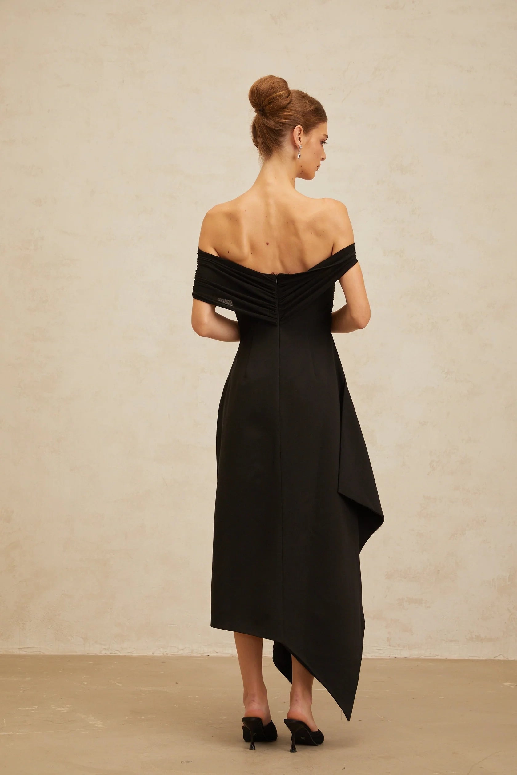 Black Off - Shoulder Asymmetric Midi Dress  Black Off-Shoulder Asymmetrical Maxi Dress Evening Dress