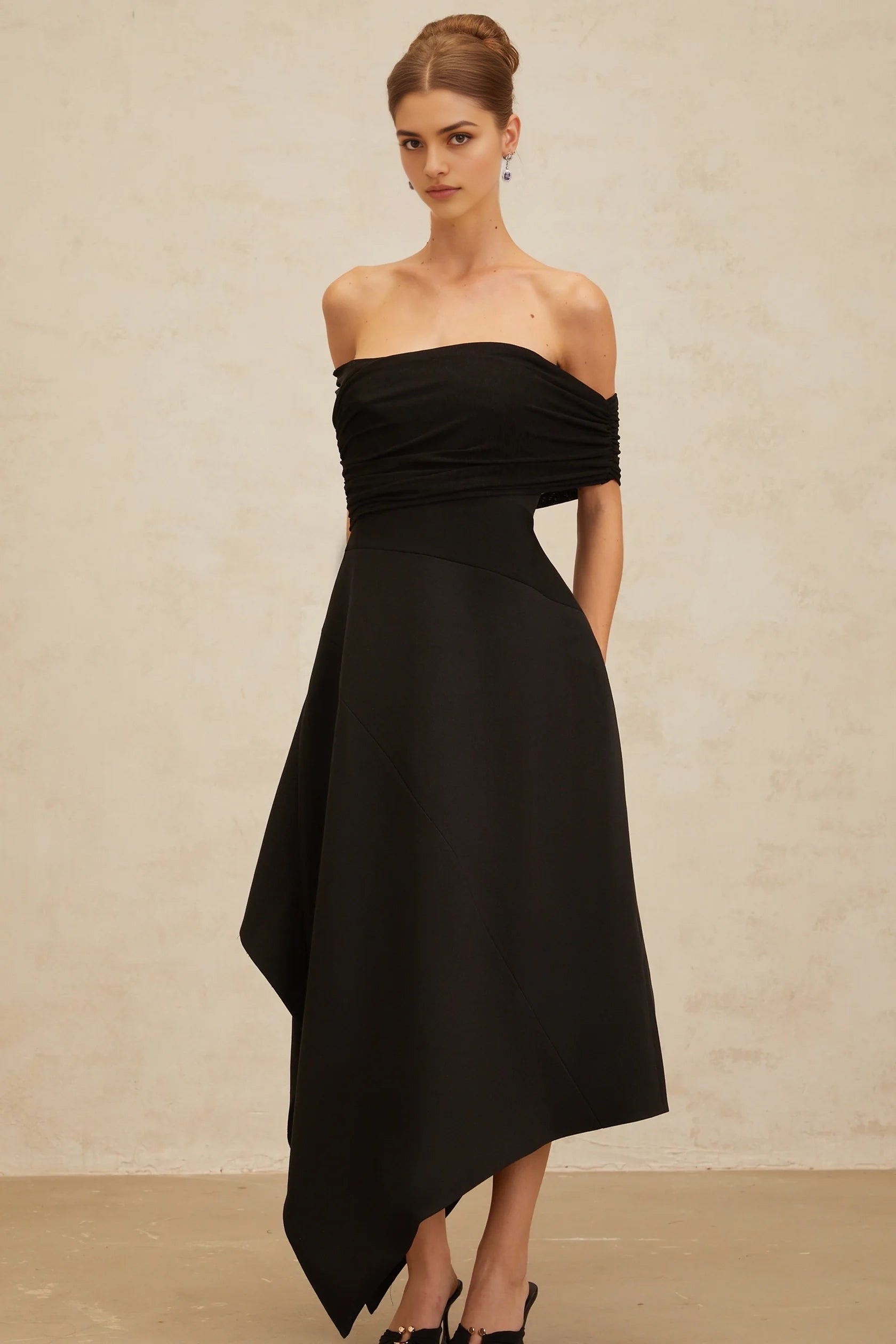 Black Off - Shoulder Asymmetric Midi Dress  Black Off-Shoulder Asymmetrical Maxi Dress Evening Dress