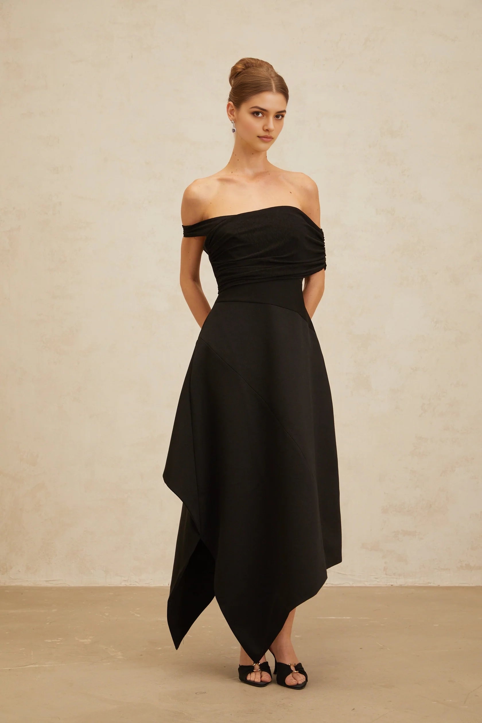Black Off - Shoulder Asymmetric Midi Dress  Black Off-Shoulder Asymmetrical Maxi Dress Evening Dress