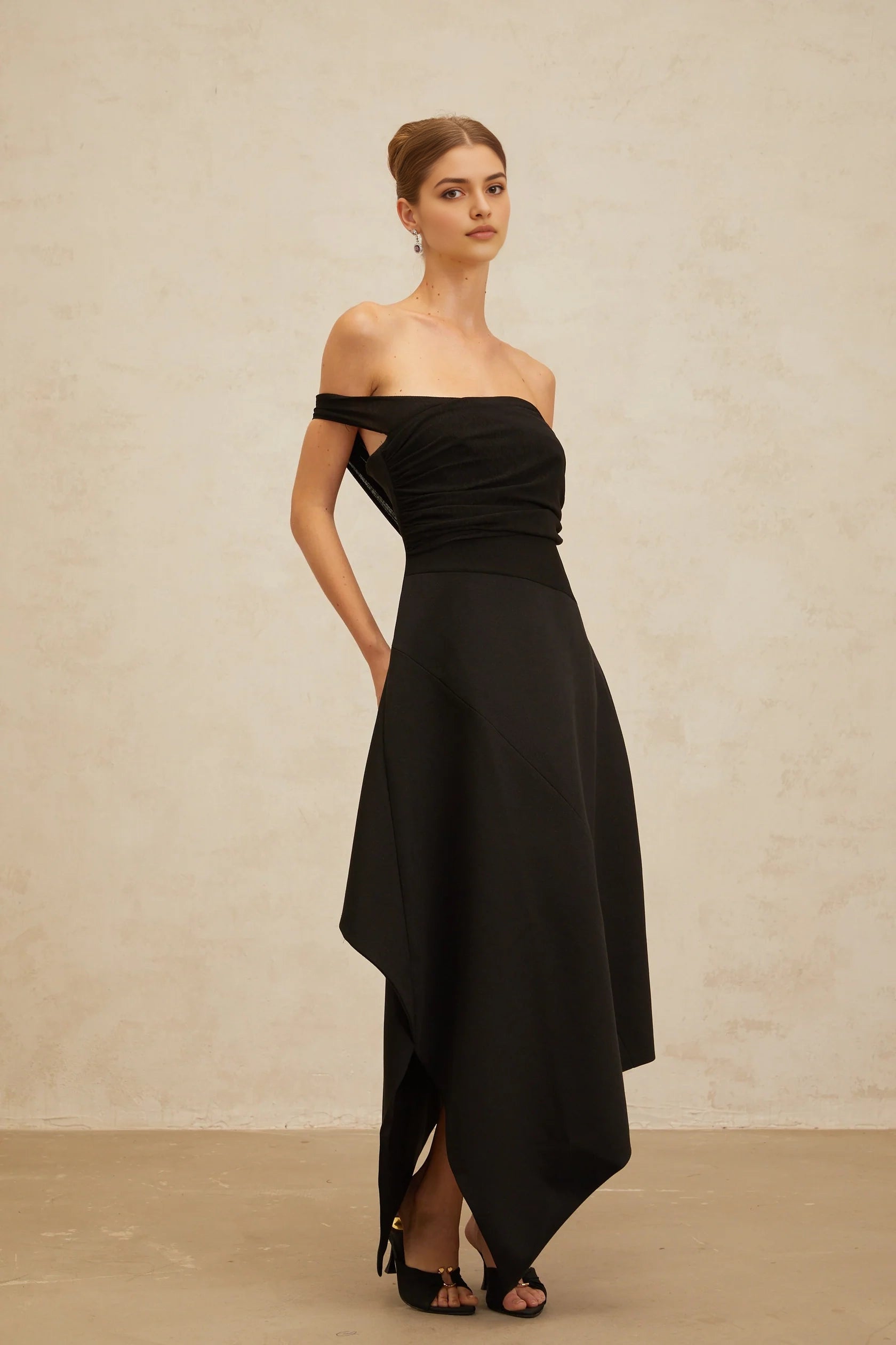 Black Off - Shoulder Asymmetric Midi Dress  Black Off-Shoulder Asymmetrical Maxi Dress Evening Dress
