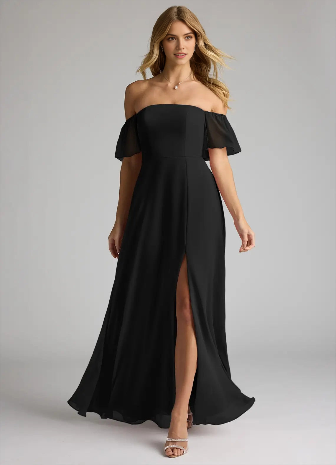 Black Off-Shoulder Chiffon Evening Gown with Side Slit A-Line Off the Convertible  Bridesmaid Dresses