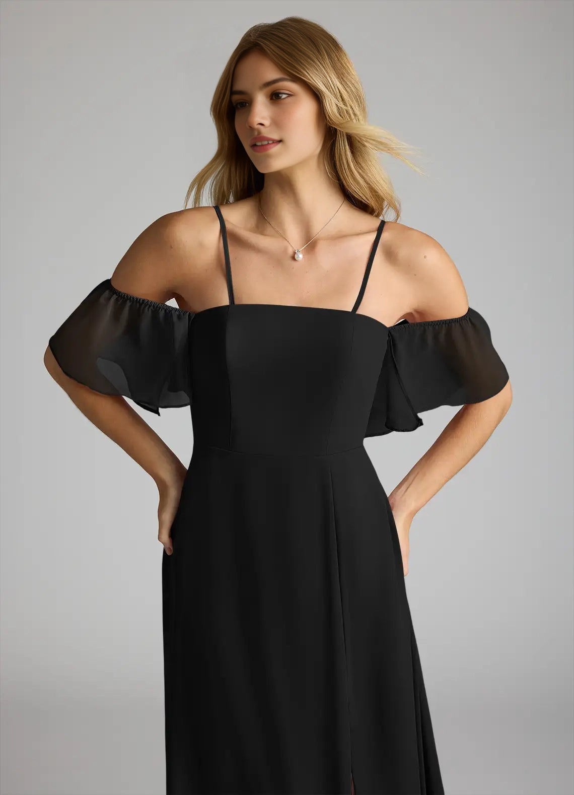 Black Off-Shoulder Chiffon Evening Gown with Side Slit A-Line Off the Convertible  Bridesmaid Dresses