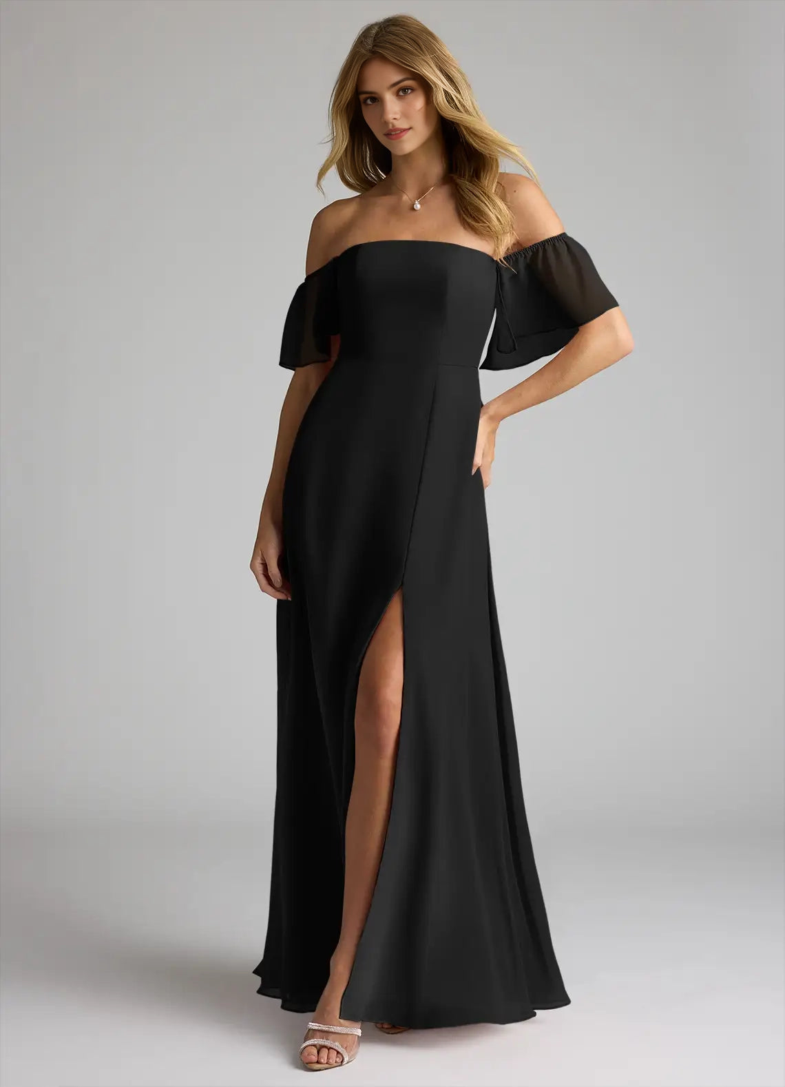 Black Off-Shoulder Chiffon Evening Gown with Side Slit A-Line Off the Convertible  Bridesmaid Dresses