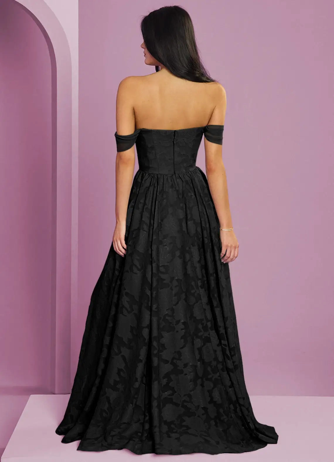 Black Off-Shoulder Jacquard Maxi Dress with Flowy Skirt A-Line Burnout Convertible Bridesmaid Dresses