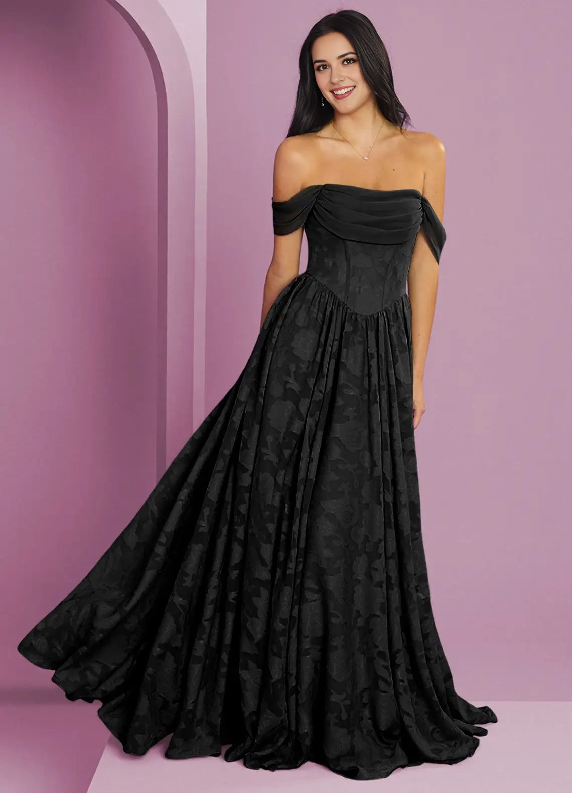 Black Off-Shoulder Jacquard Maxi Dress with Flowy Skirt A-Line Burnout Convertible Bridesmaid Dresses